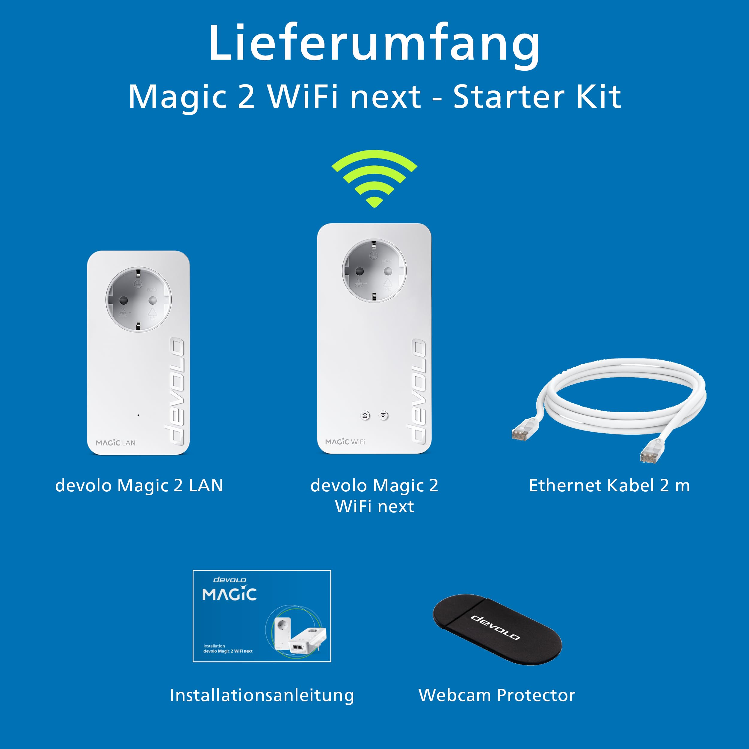 Contenuto del kit di avvio devolo Magic 2 WiFi next con adattatori, cavo Ethernet, manuale e copriwebcam.