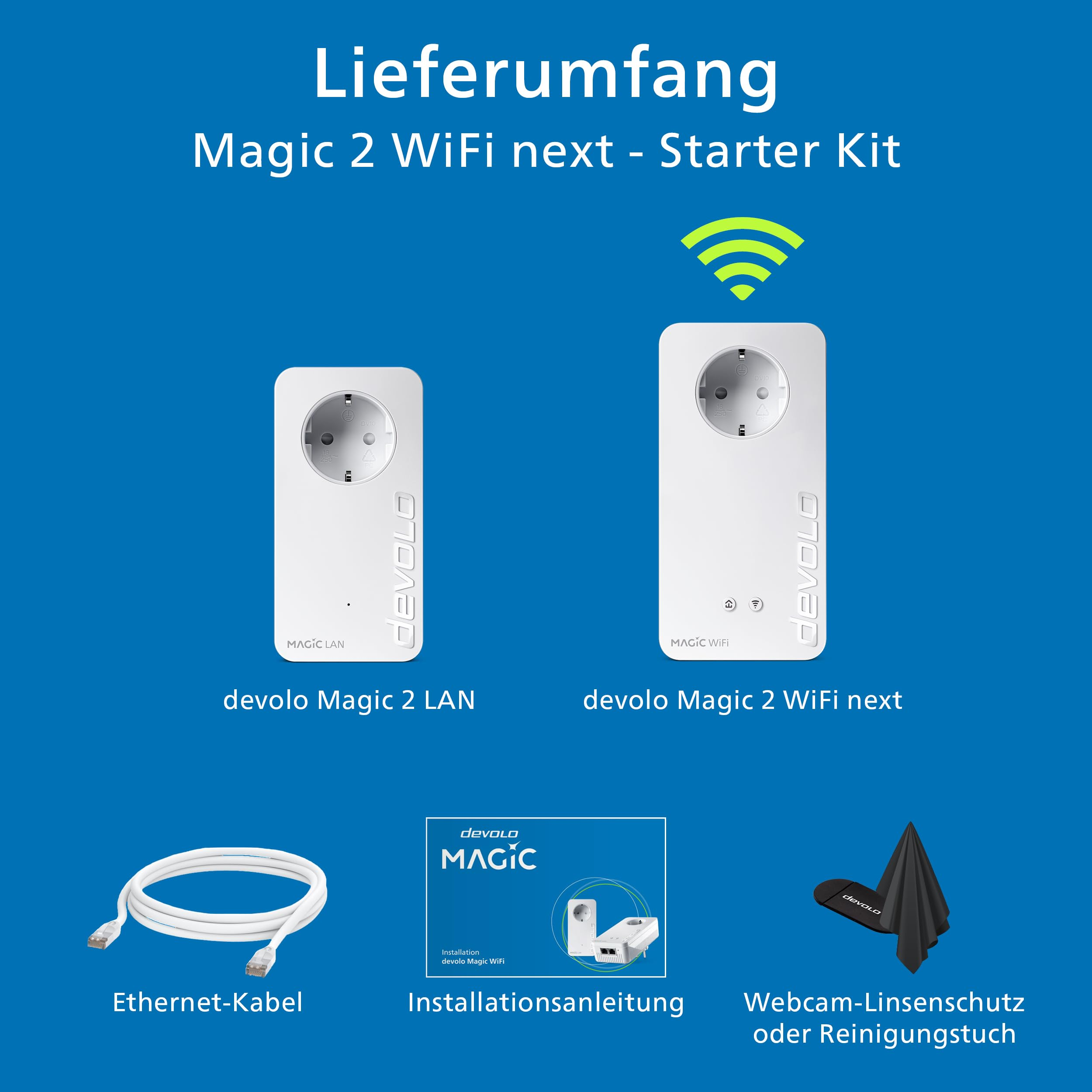 Contenuto del kit di avvio devolo Magic 2 WiFi next con adattatori, cavo LAN, manuale e panno.