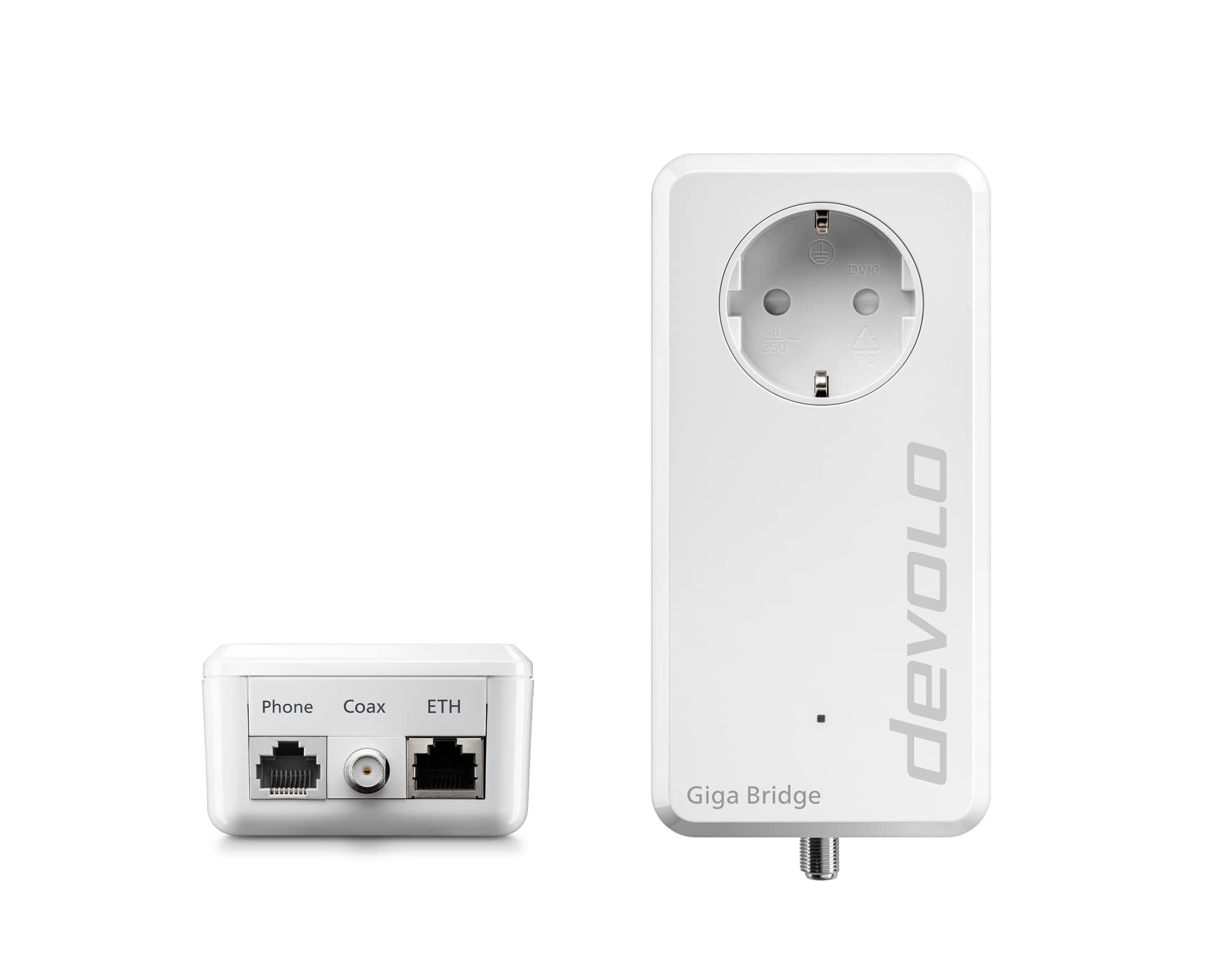 Due dispositivi bianchi devolo Giga Bridge con porte telefono, coax ed ethernet e presa di corrente integrata.