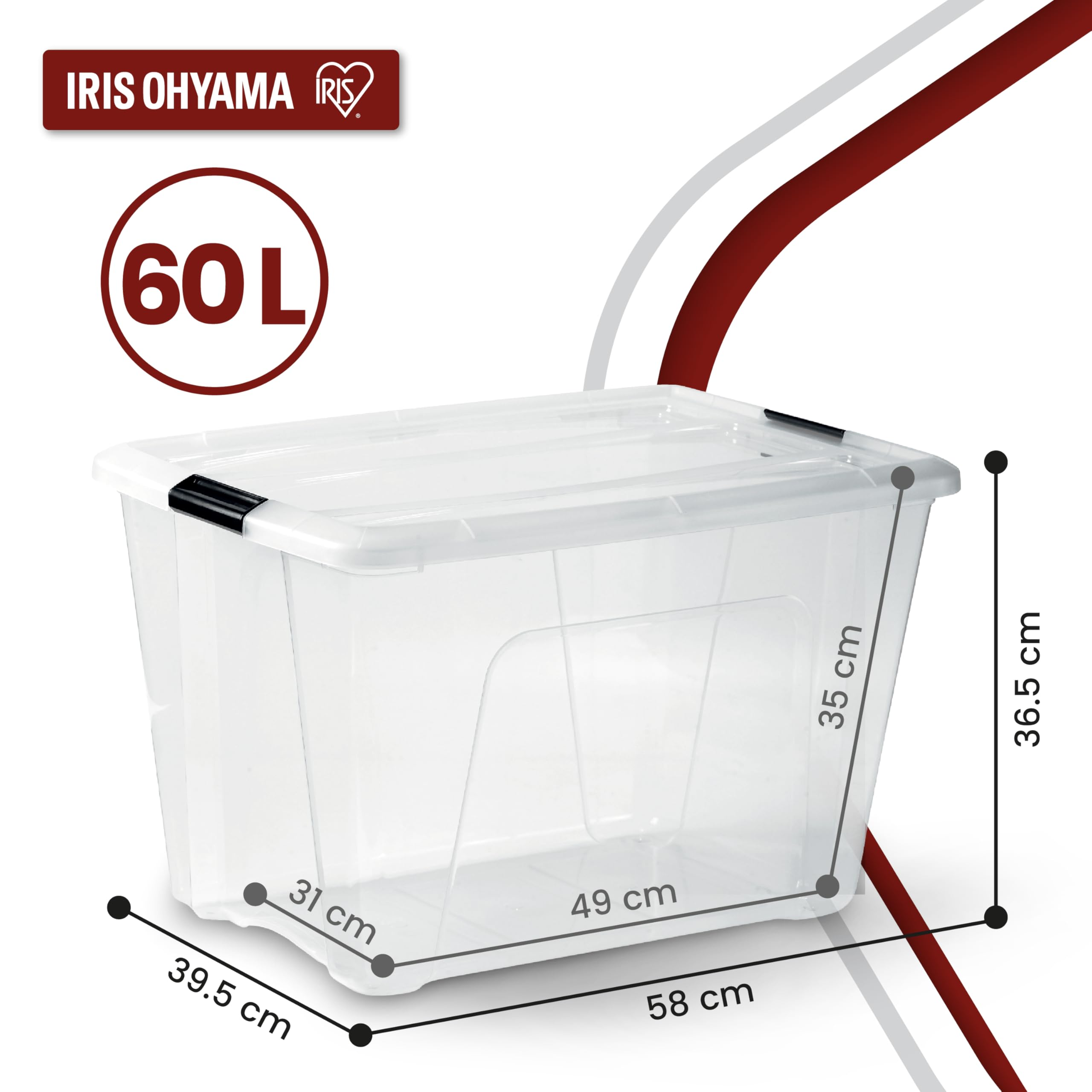 Una scatola di stoccaggio trasparente da 60L con dimensioni.