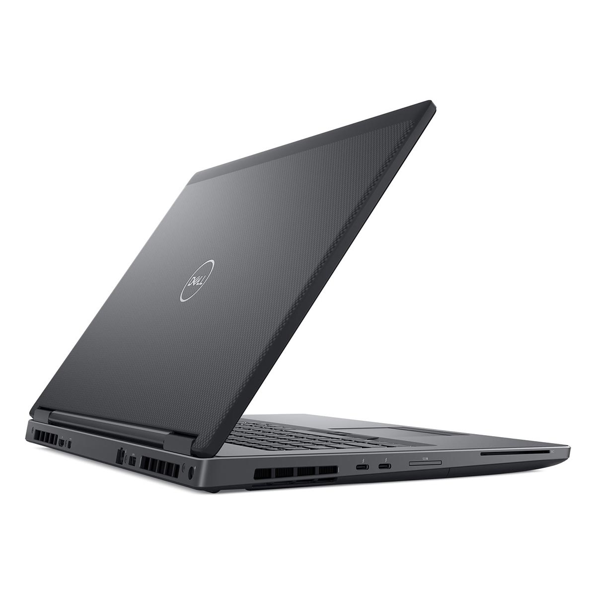 Zamknięty czarny laptop Dell spoczywa na białej powierzchni, pokazując prawą stronę i porty.