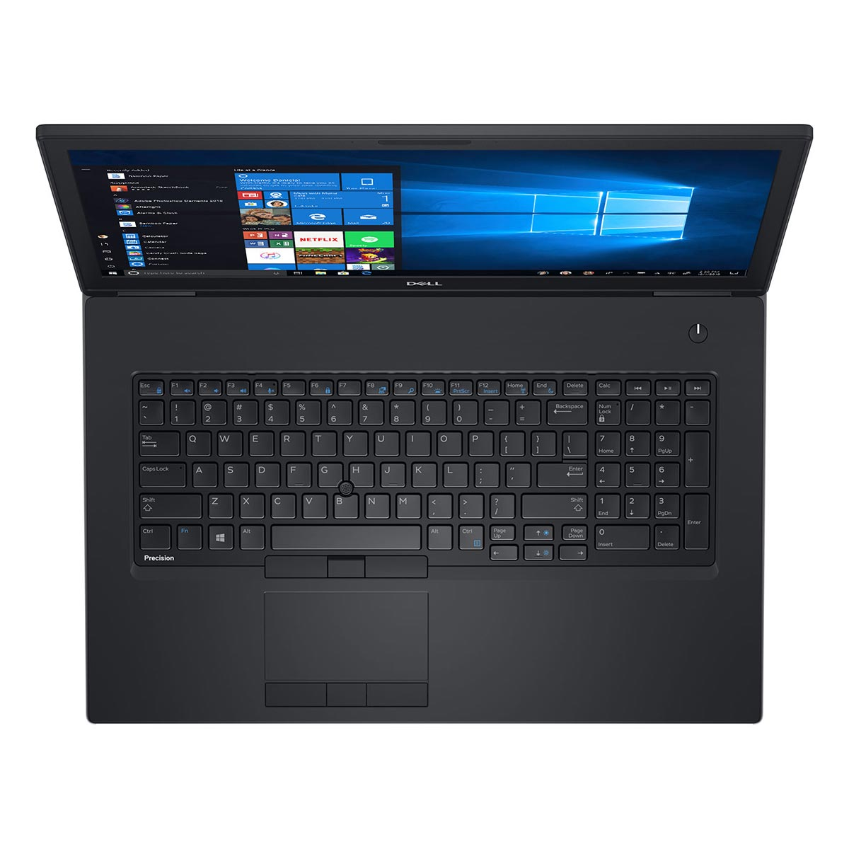 Widok z góry na czarny laptop Dell z podświetlanym ekranem i szczegółową klawiaturą QWERTY.