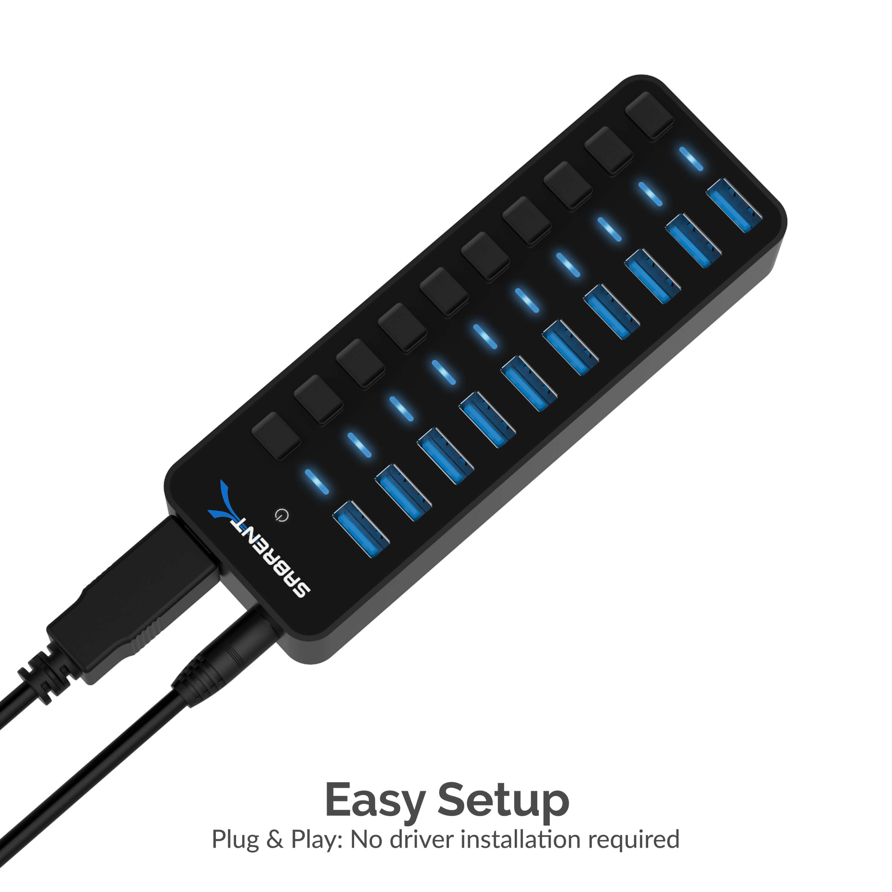 Un hub USB Sabrent nero con dieci porte e pulsanti di accensione, dotato di indicatori LED blu.