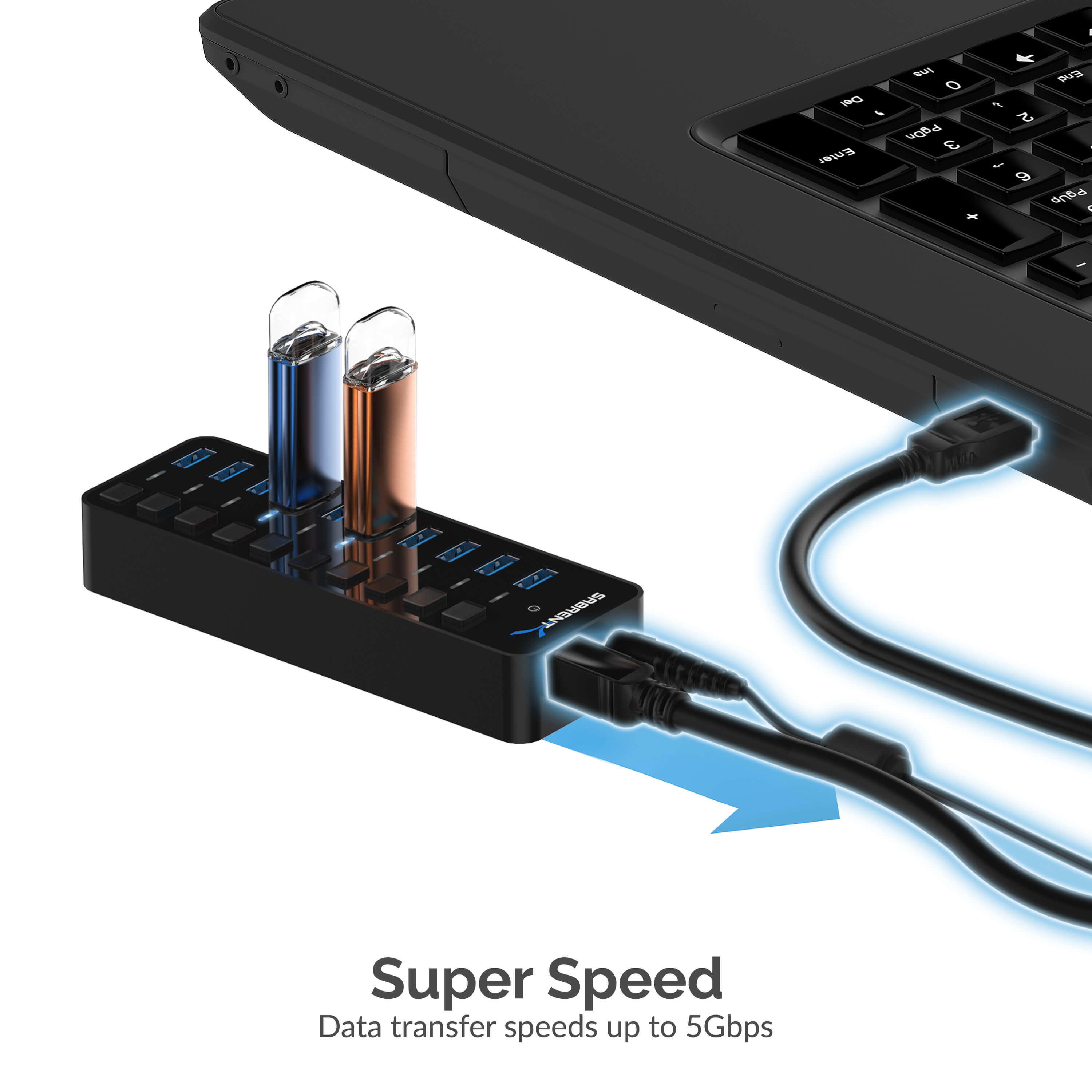 Un hub USB nero con due unità USB collegate a un computer portatile, con testo sottostante.