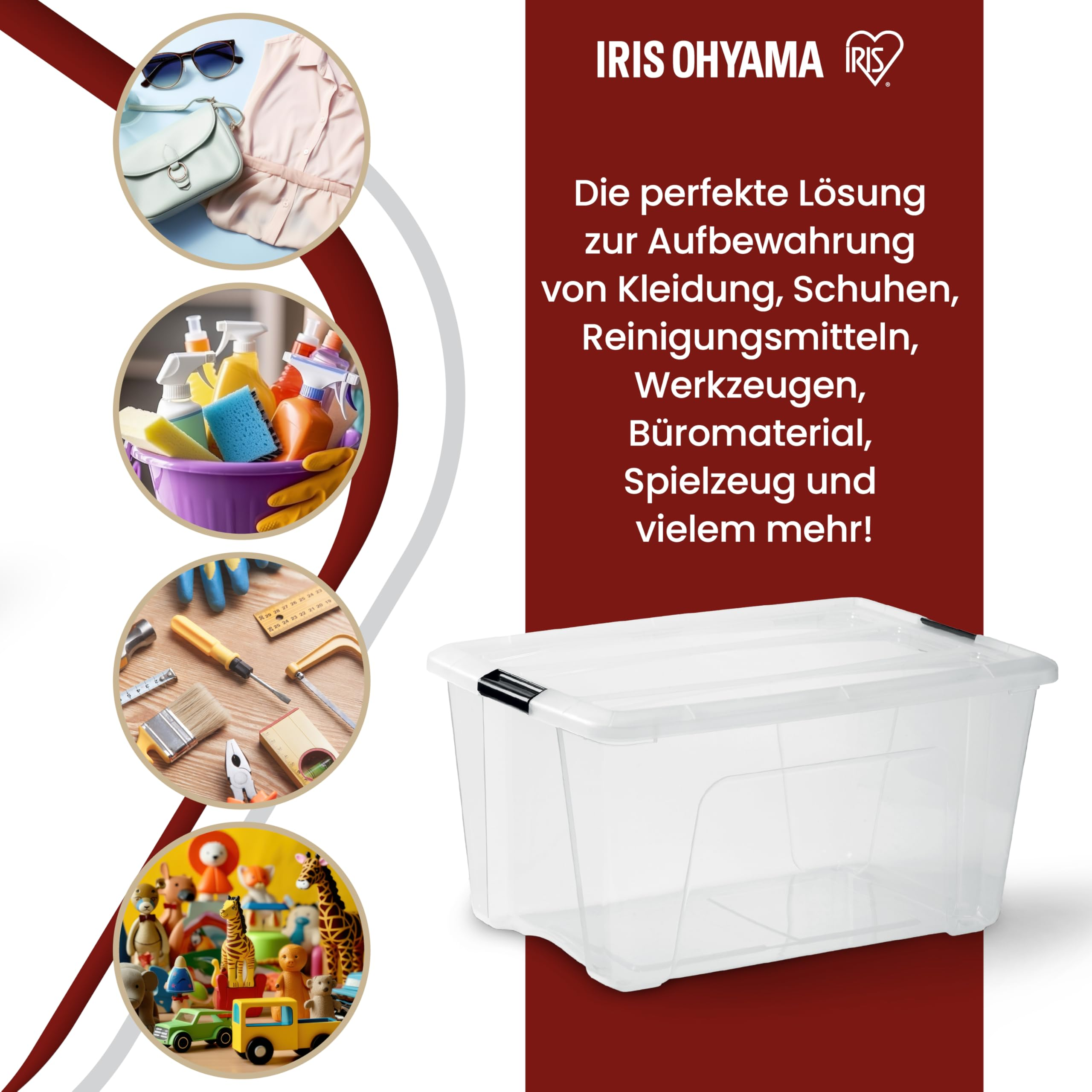 Una scatola di plastica Iris Ohyama accanto a immagini circolari con vestiti, prodotti per la pulizia, attrezzi e giocattoli.