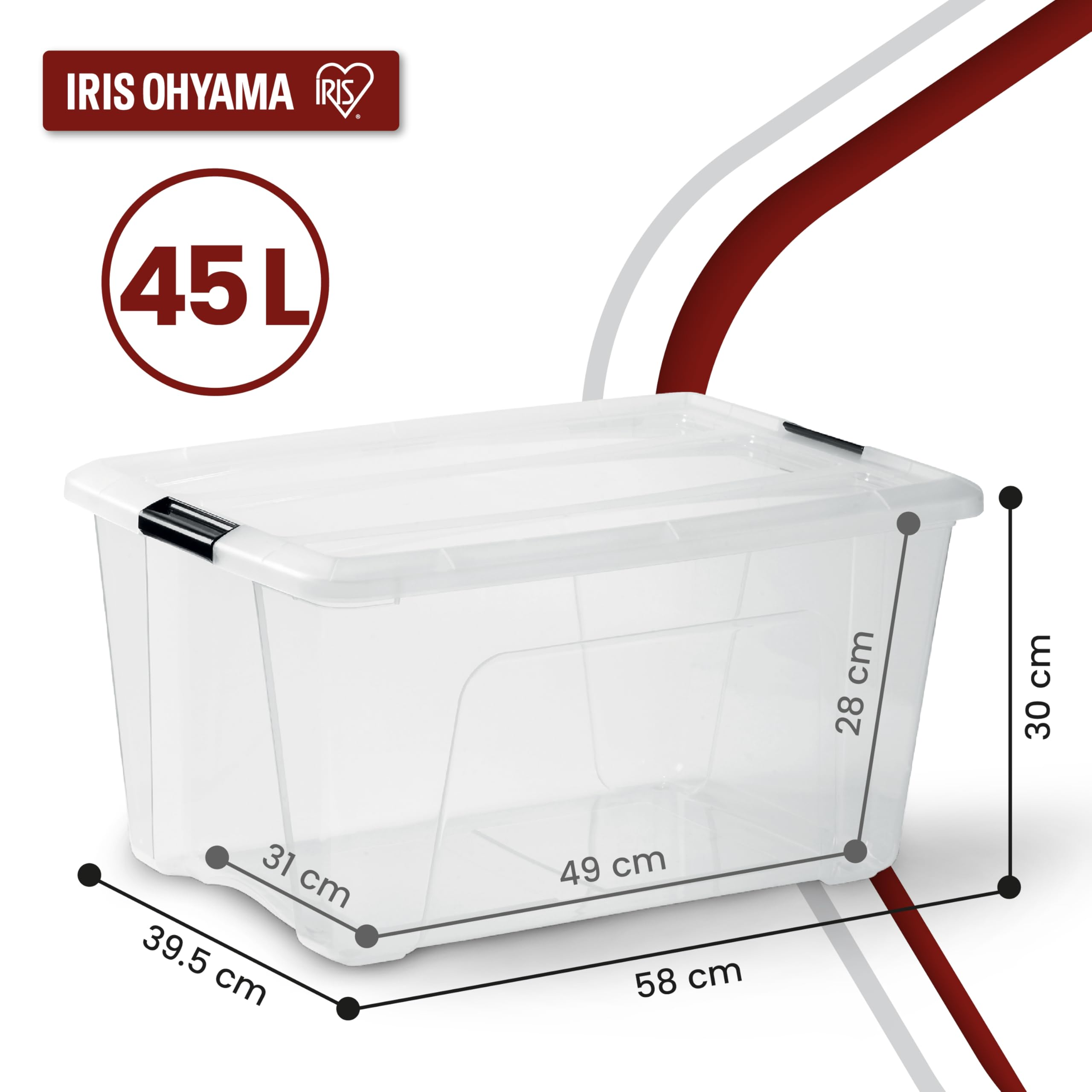 Scatola portaoggetti trasparente da 45L di Iris Ohyama con dimensioni.