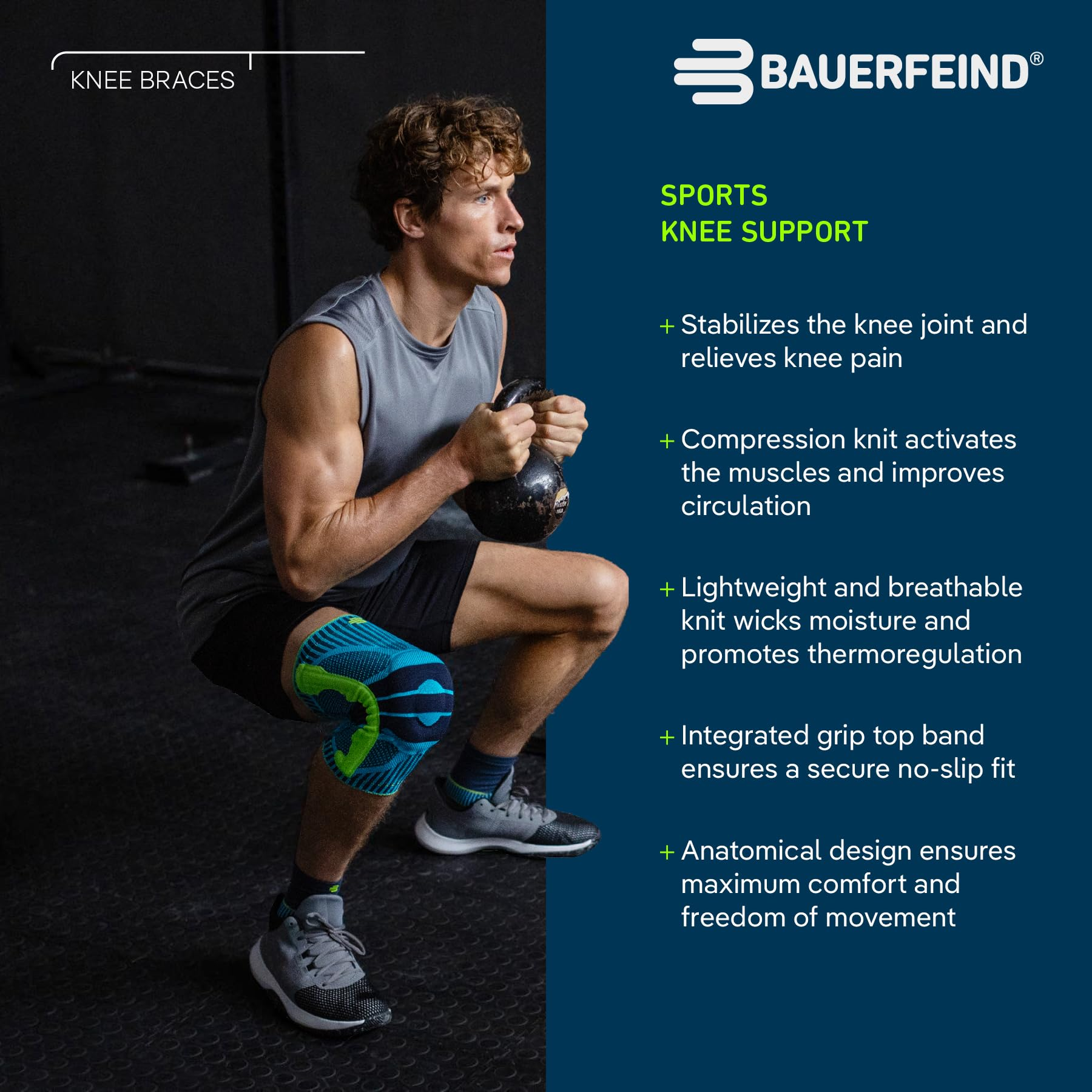 Un uomo con ginocchiera sportiva blu fa squat con un kettlebell, accanto al testo pubblicitario.