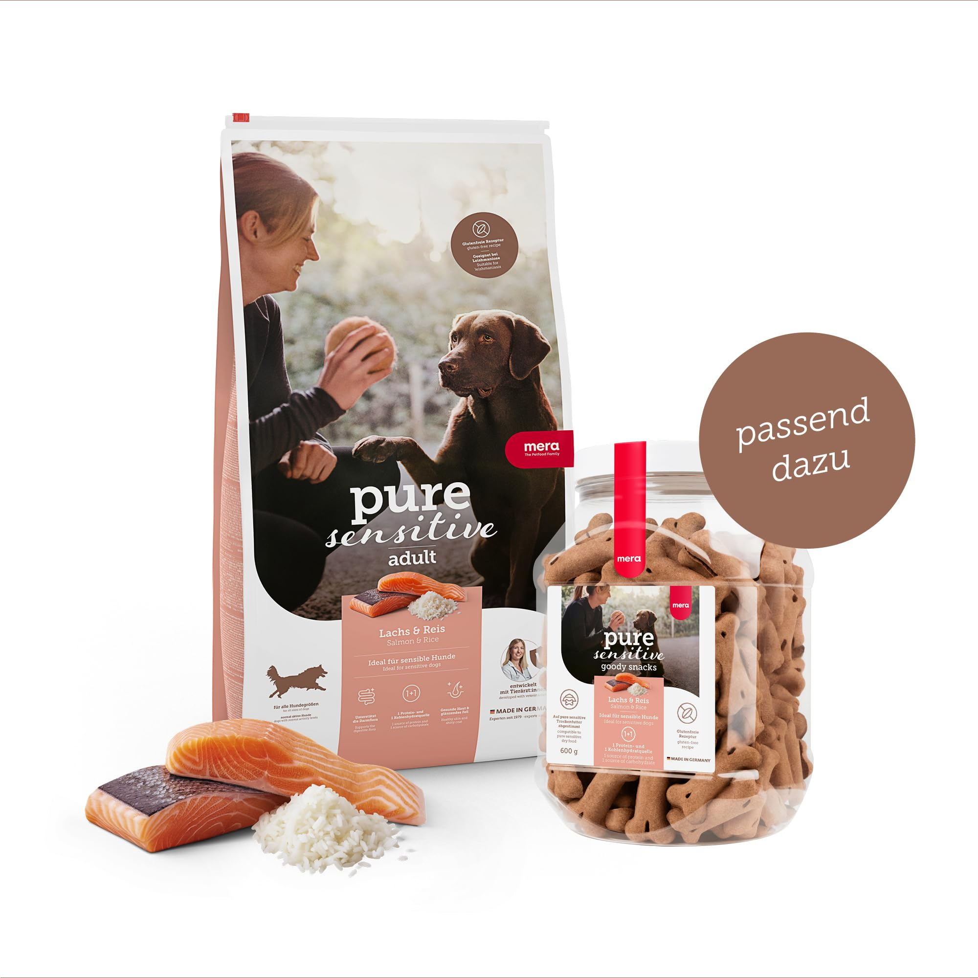 Hundefutter-Packung, Leckerlidosen, roher Lachs und Reis auf weißem Hintergrund mit Text.