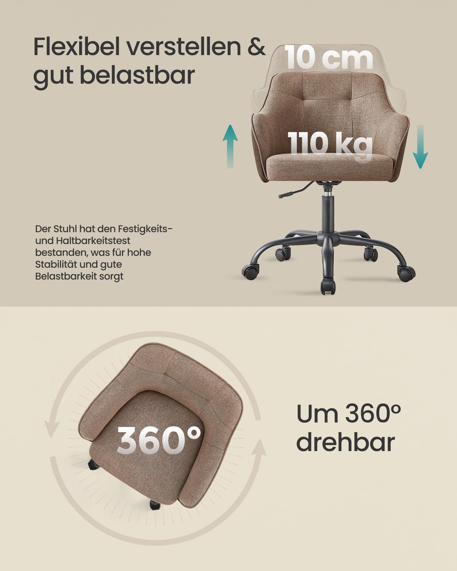 Brauner Schreibtischstuhl auf Rollen mit verstellbarer Höhe und 360-Grad-Drehfunktion.