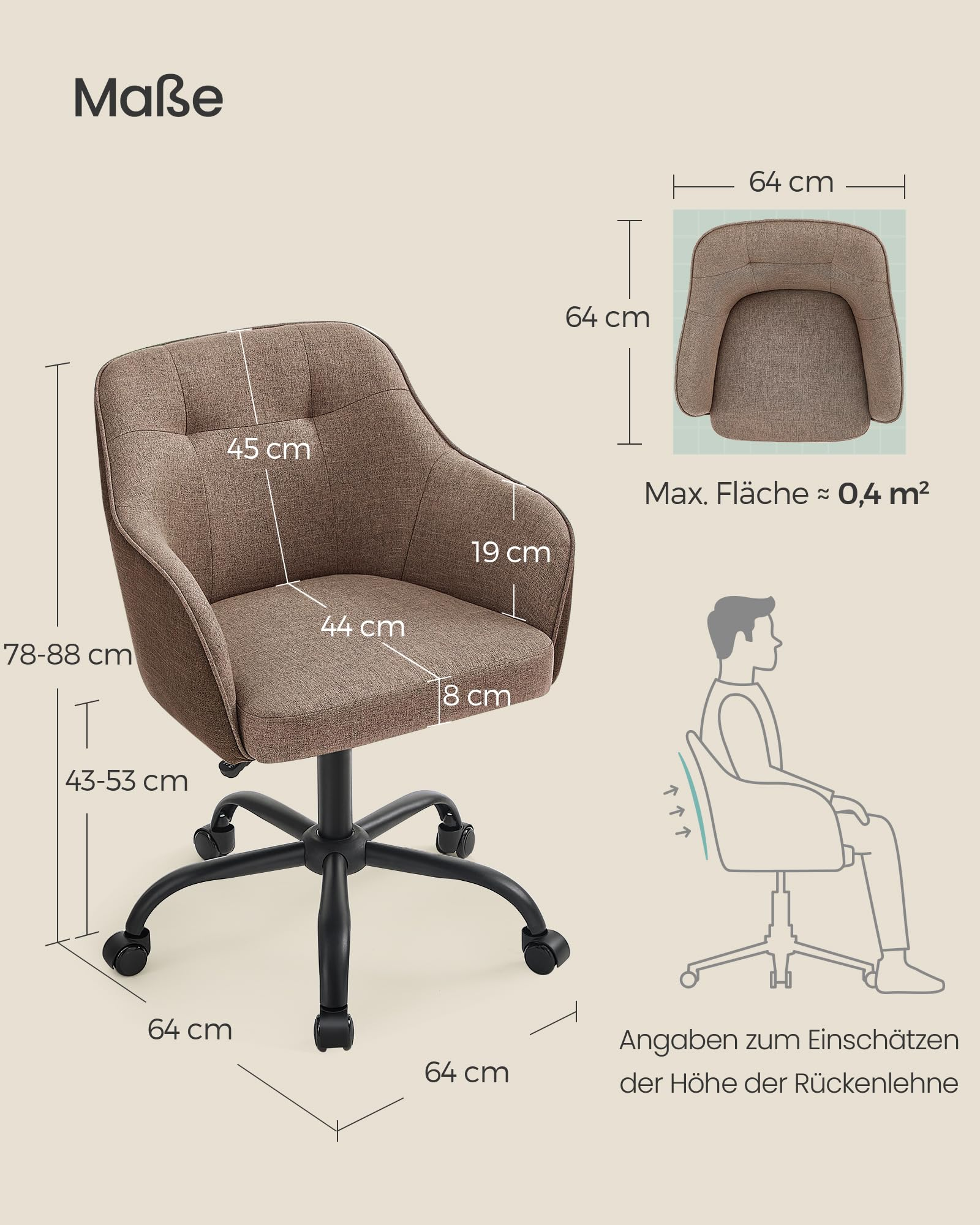 Technische Zeichnung und Maße eines braunen Bürostuhls mit schwarzen Rollen.