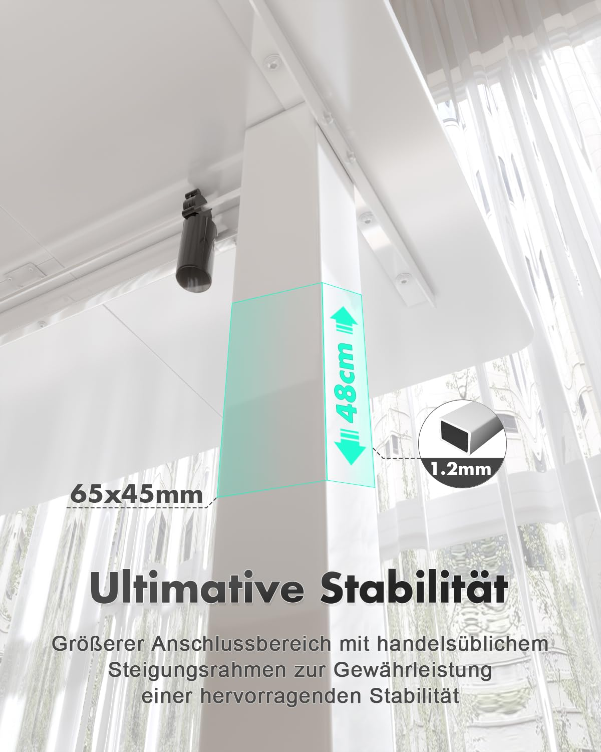 Nahaufnahme eines weißen Tischbeins, das die Maße 65x45mm und 1,2mm Dicke für ultimative Stabilität hervorhebt.