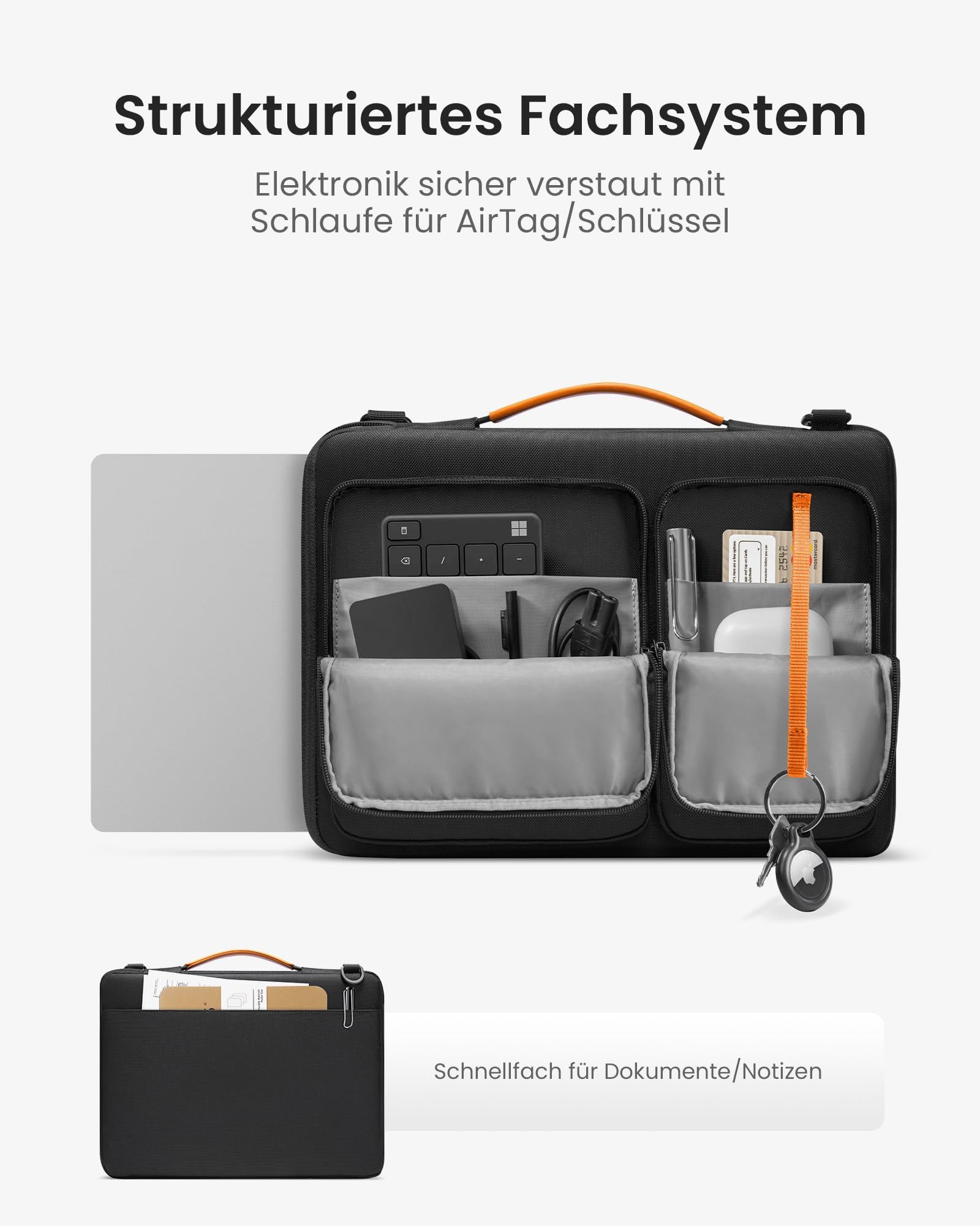 Schwarze Organizer-Tasche mit mehreren Fächern für Elektronik, einem orangen Griff und einem Schlüsselanhänger.