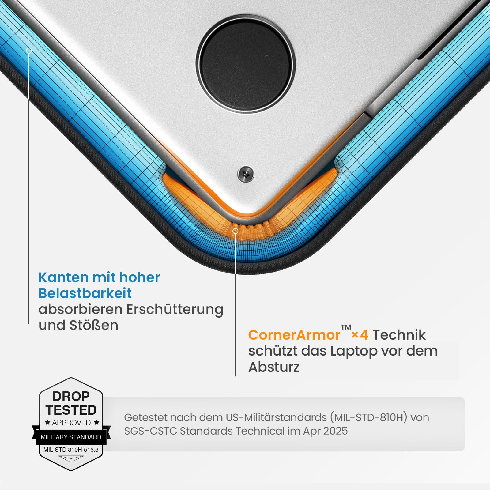 Laptop-Ecke mit CornerArmor-Technologie und Schutz gegen Stöße.