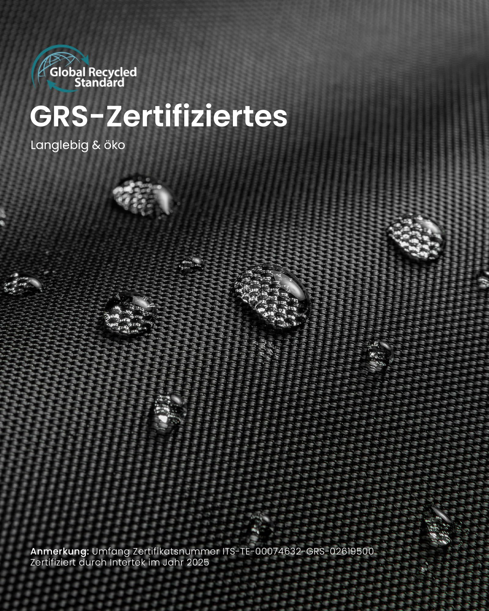 Wassertropfen auf schwarzem, strukturiertem GRS-zertifiziertem Stoff.