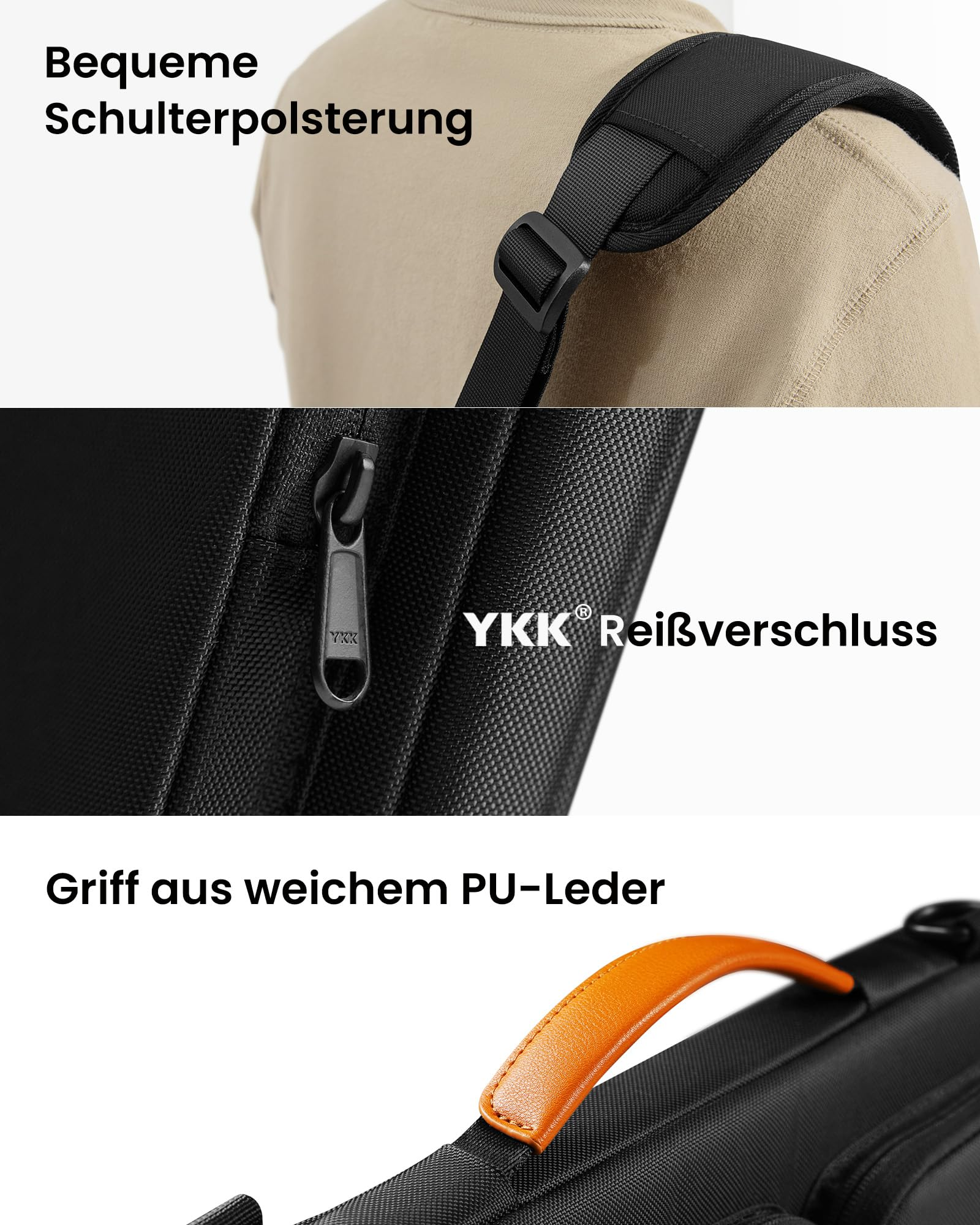 Drei Produktmerkmale: gepolsterter Schultergurt, YKK-Reißverschluss und weicher PU-Ledergriff an einer schwarzen Tasche.
