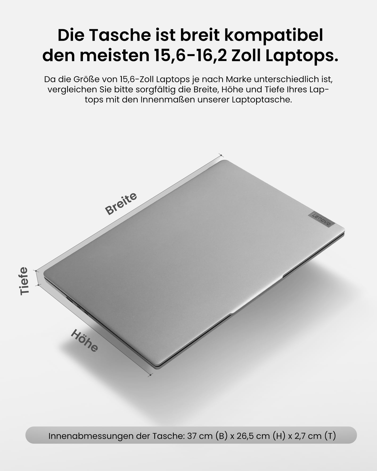 Grafik zur Laptop-Kompatibilität mit Maßen und Bezeichnungen für Breite, Höhe und Tiefe.
