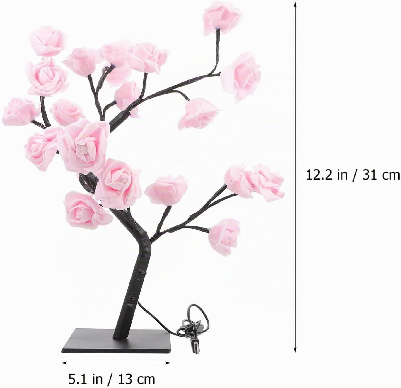 Eine kleine künstliche LED-Rosenbaumlampe mit rosa Blüten und einem schwarzen Sockel auf weißem Hintergrund mit Maßen.