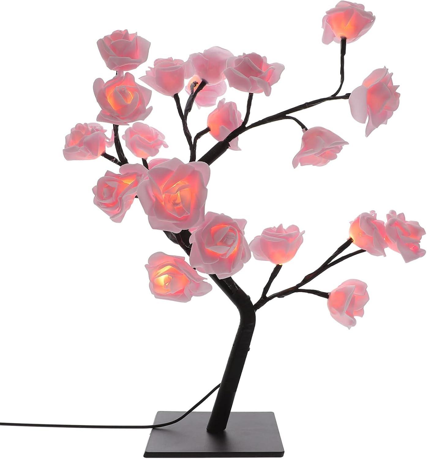 Eine künstliche Rosenlampe mit schwarzen Zweigen und sanft leuchtenden rosa Blüten auf einem quadratischen Sockel.