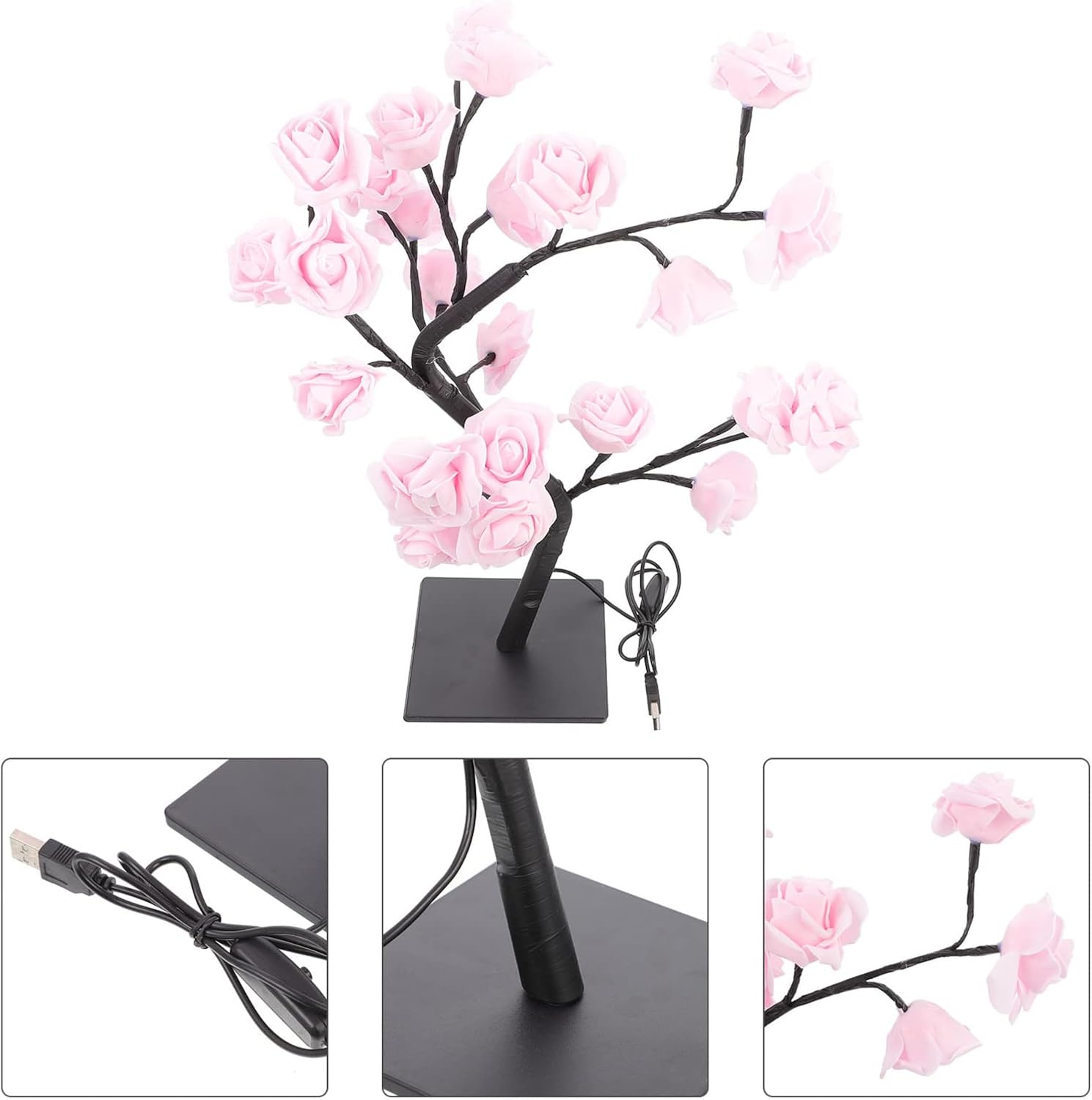Eine dekorative Lampe in Form eines Baumes mit rosa Rosenblüten, die auf einem schwarzen quadratischen Sockel steht.
