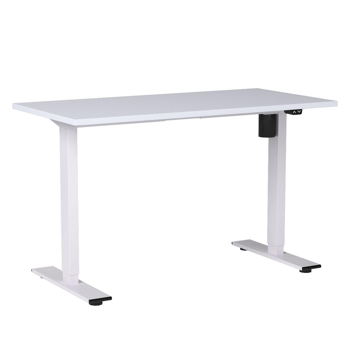 Ein weißer, höhenverstellbarer Schreibtisch mit T-förmigen Beinen auf weißem Hintergrund.