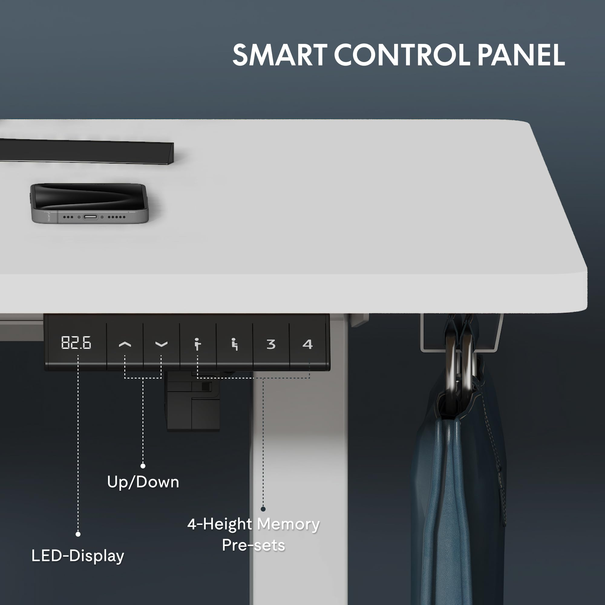 Smartes Bedienfeld eines höhenverstellbaren Schreibtisches mit LED-Display, Auf/Ab-Tasten und Memory-Funktion.