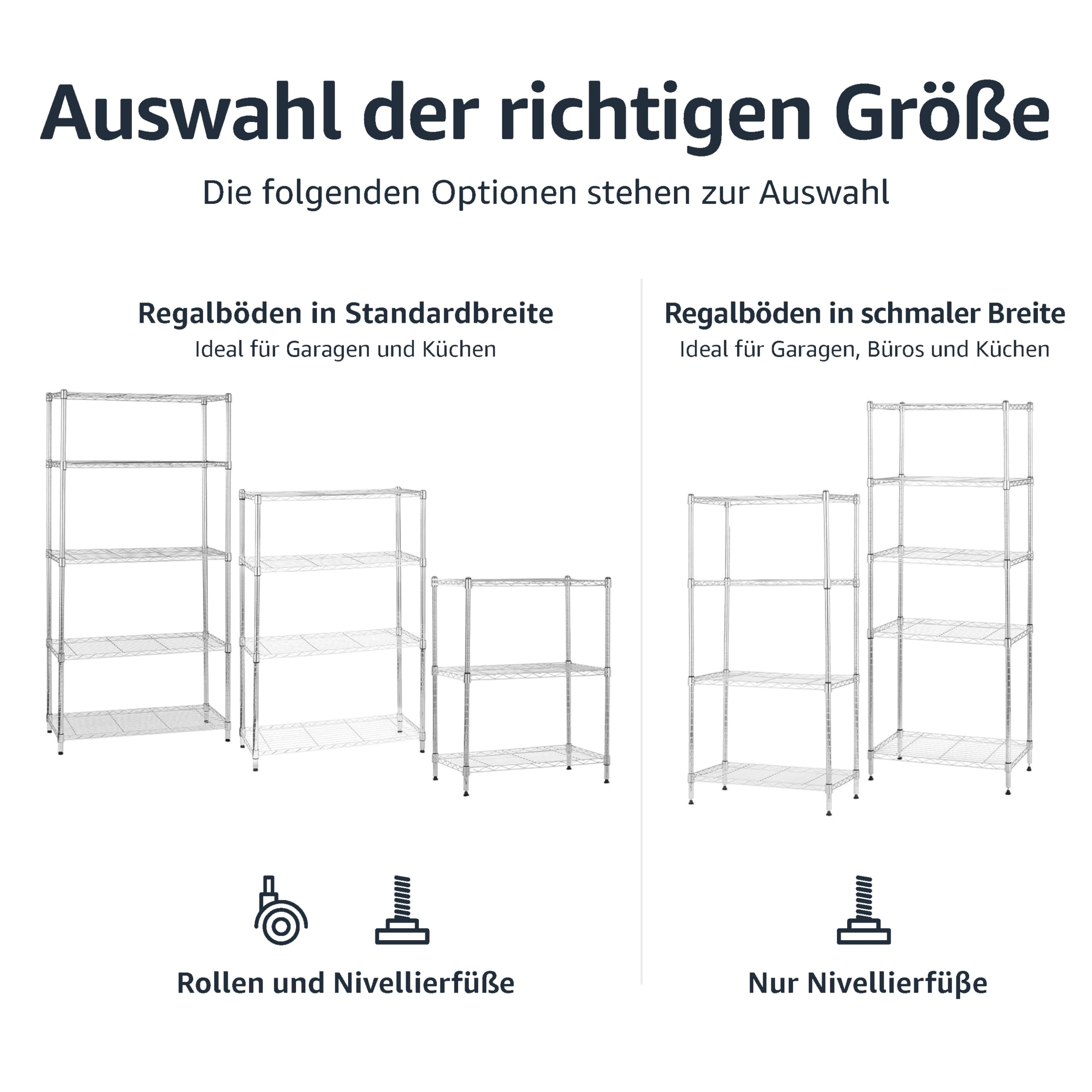 Übersicht zur Auswahl von Drahtregalen in Standard- und schmaler Breite mit Rollen oder Füßen.