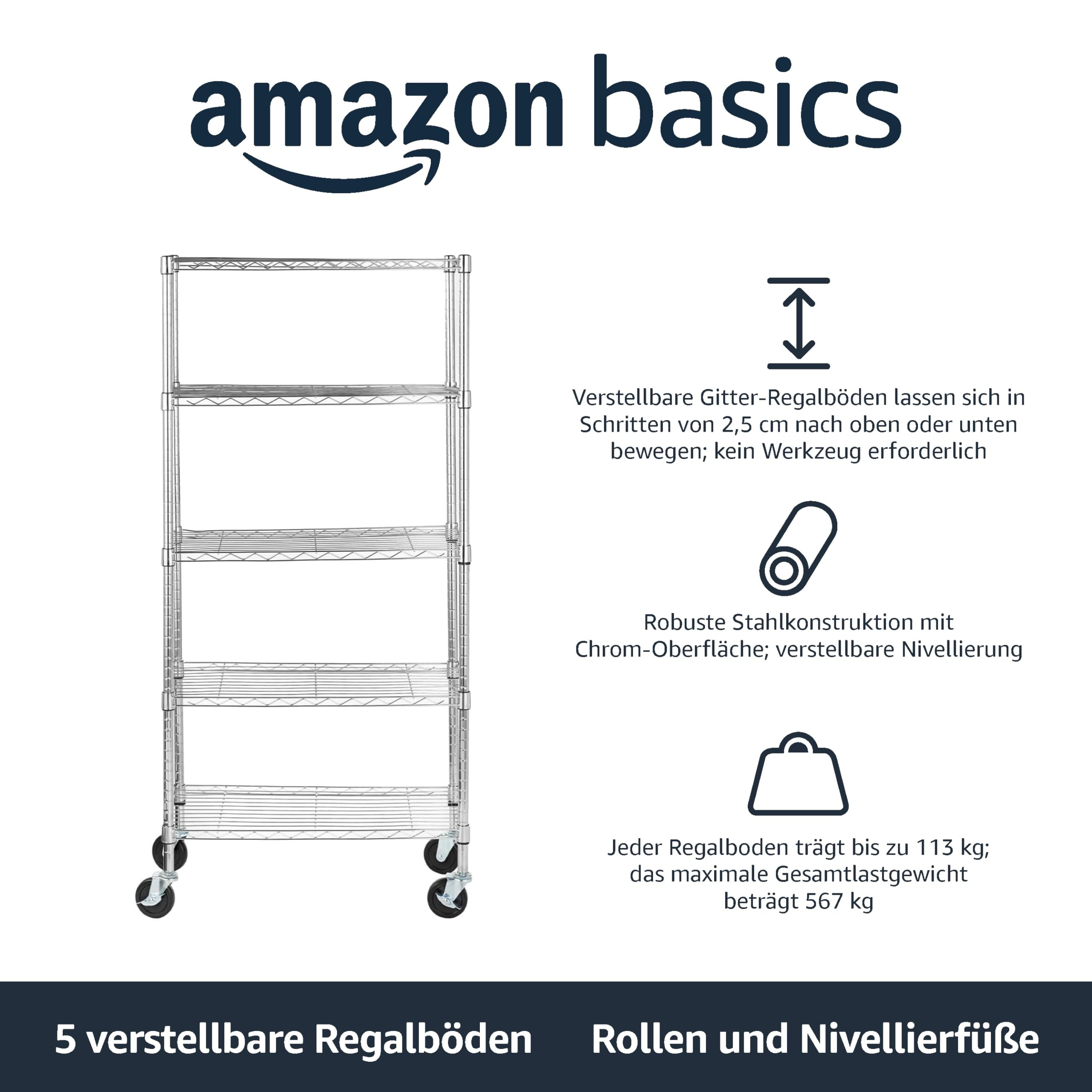Verchromtes Amazon Basics Metallregal mit fünf verstellbaren Böden und Rollen.