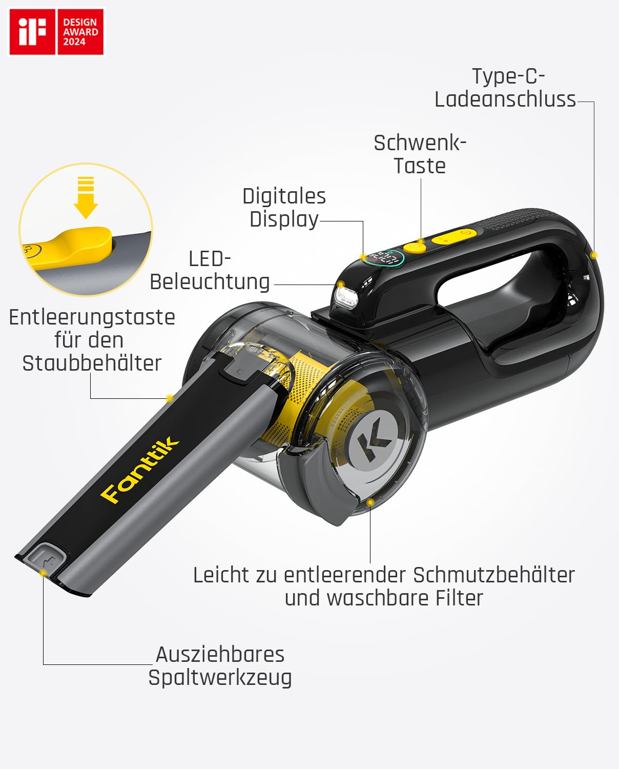 Schéma d'un aspirateur à main noir avec des pièces étiquetées comme l'écran, la lumière LED et le filtre.