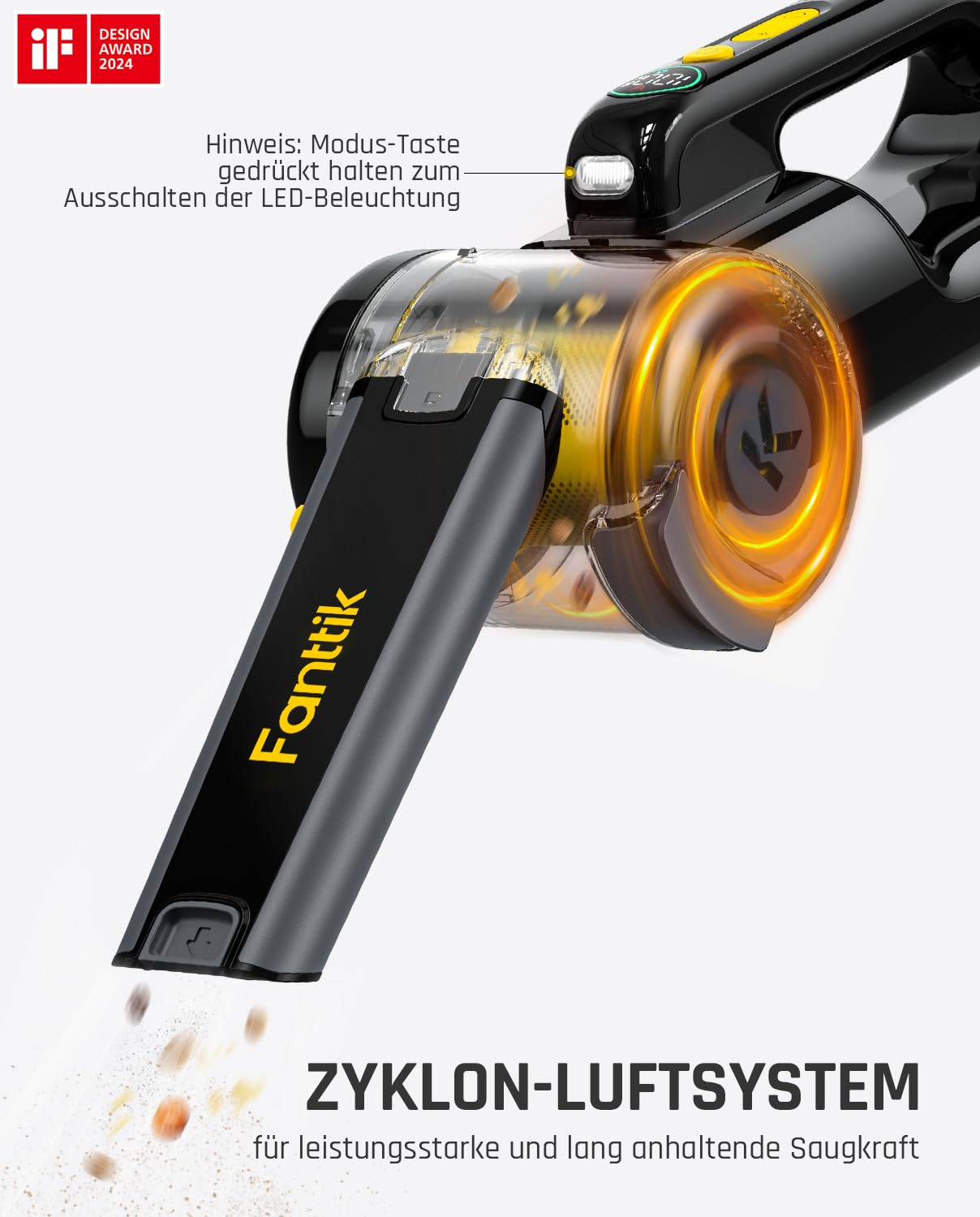 Un aspirateur à main sans fil noir avec flux d'air cyclonique lumineux et texte en allemand.