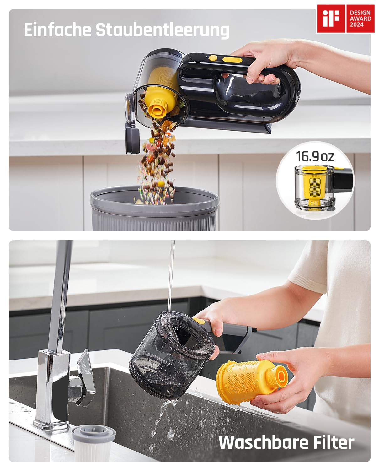 Une main vide le bac de l'aspirateur dans la poubelle ; en bas, quelqu'un lave le filtre jaune sous l'eau.