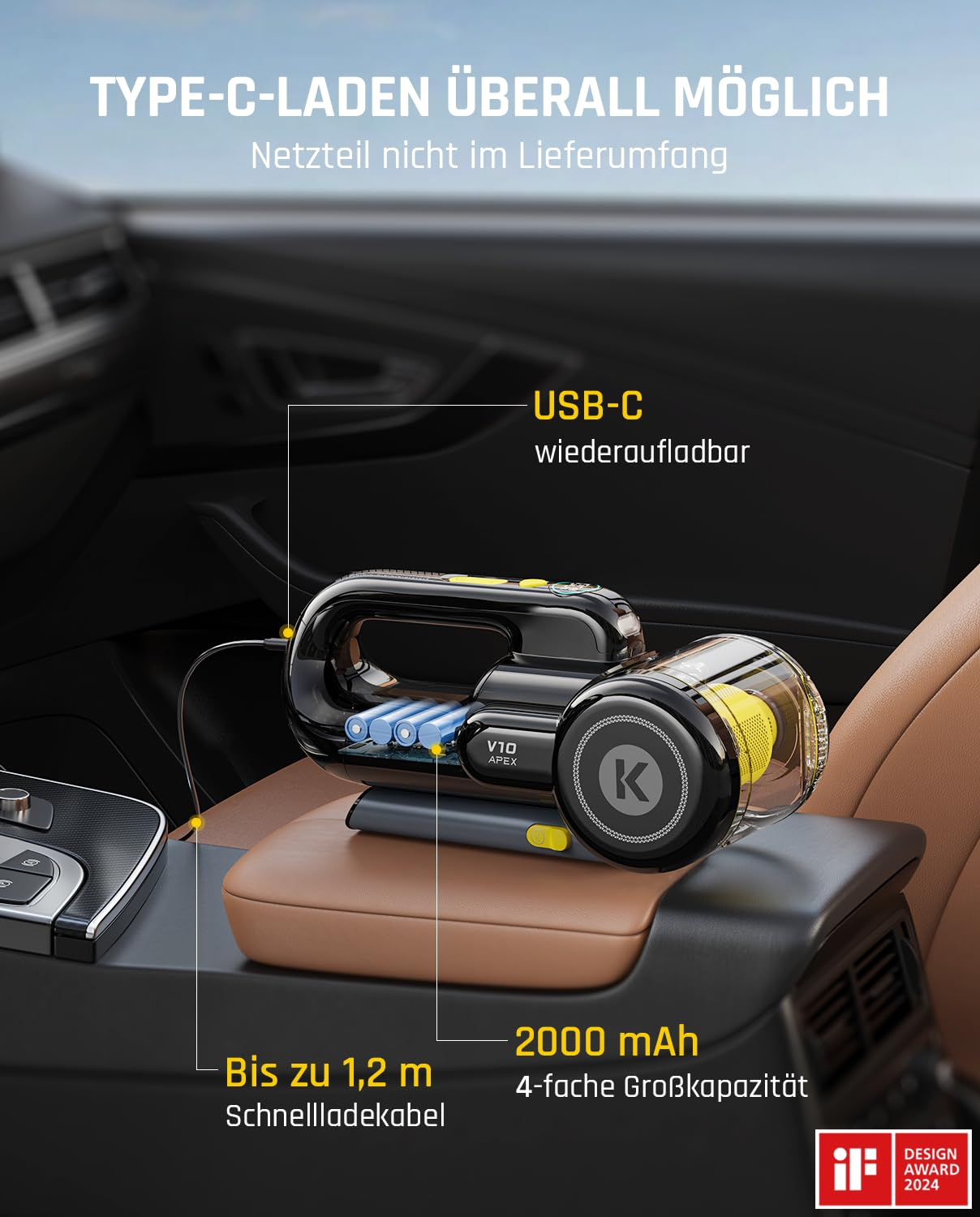 Aspirateur à main noir sur console de voiture avec USB-C et superpositions de texte.