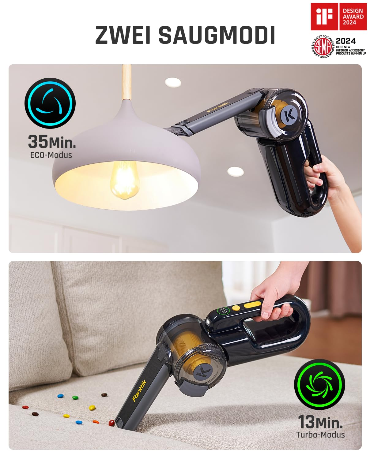 Un aspirateur à main noir nettoie une lampe et un sofa, avec modes éco et turbo.