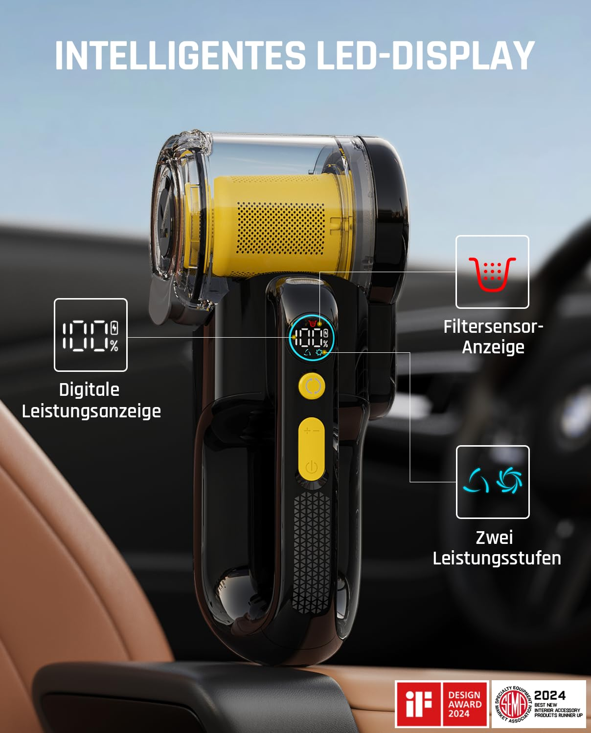 Aspirateur à main avec écran LED numérique et capteur de filtre dans une voiture.