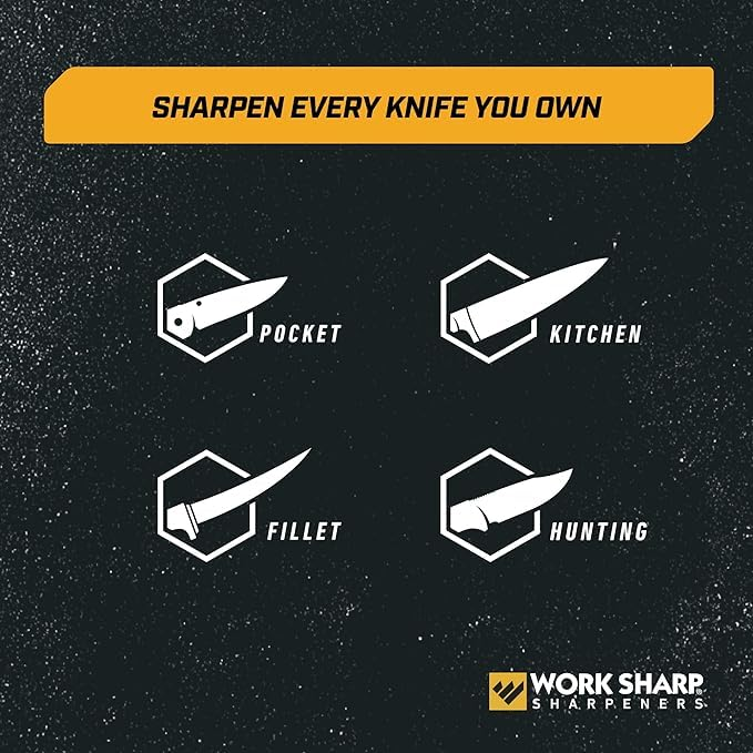 Grafik zeigt Pocket-, Kitchen-, Fillet- und Hunting-Messer mit dem Slogan Sharpen every knife you own.