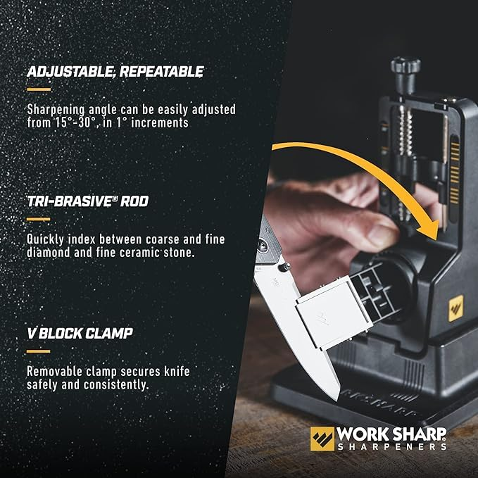 Ein Werbebild für einen Work Sharp Messerschärfer mit einstellbarem Winkel und Tri-Abrasive-Stab.