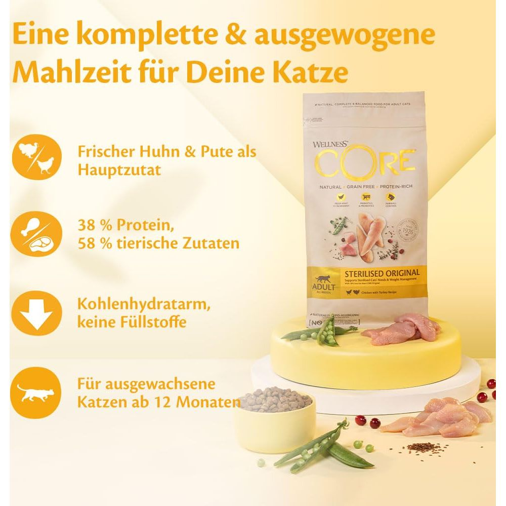 Wellness Core Katzenfutter Verpackung mit Huhn, Erbsen und Text in deutscher Sprache auf gelbem Hintergrund.