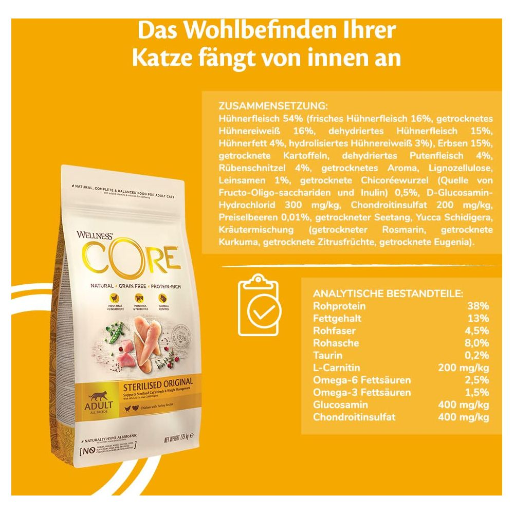 Wellness Core Katzenfutterbeutel mit Zusammensetzung und analytischen Bestandteilen auf gelbem Hintergrund.