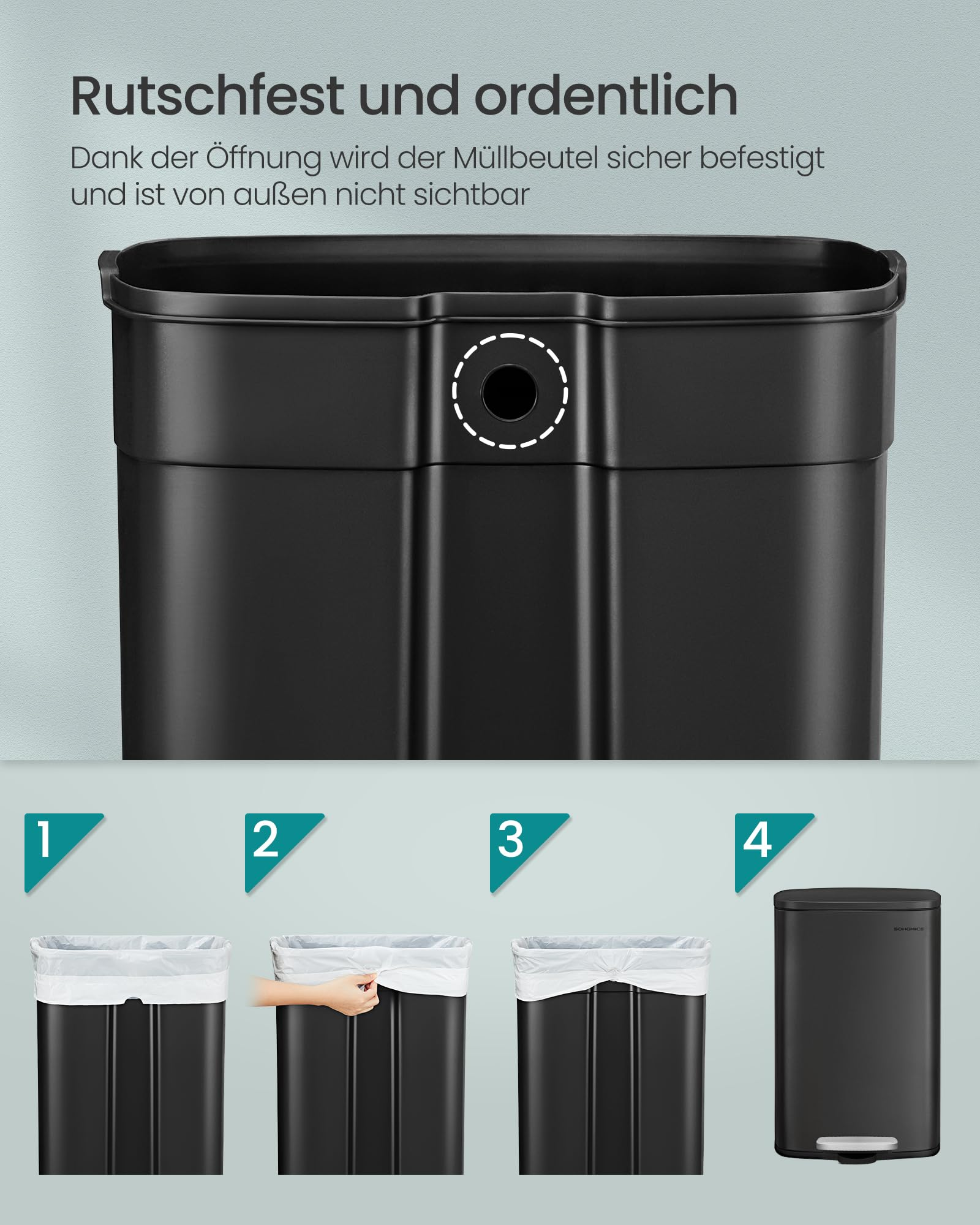 Ein schwarzer Mülleimer mit einer Öffnung zur sicheren Befestigung von Mülltüten und vier Schritten zur Handhabung.