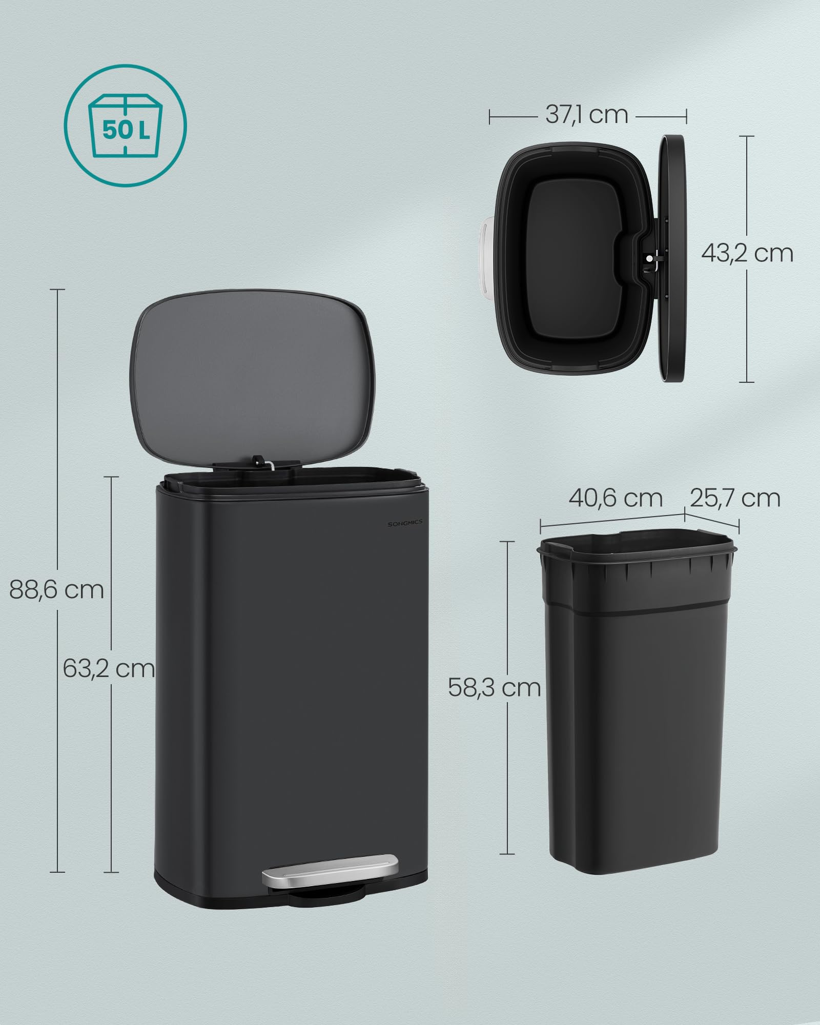 Schwarzer 50-Liter-Treteimer mit detaillierten Maßen für Höhe und Breite.