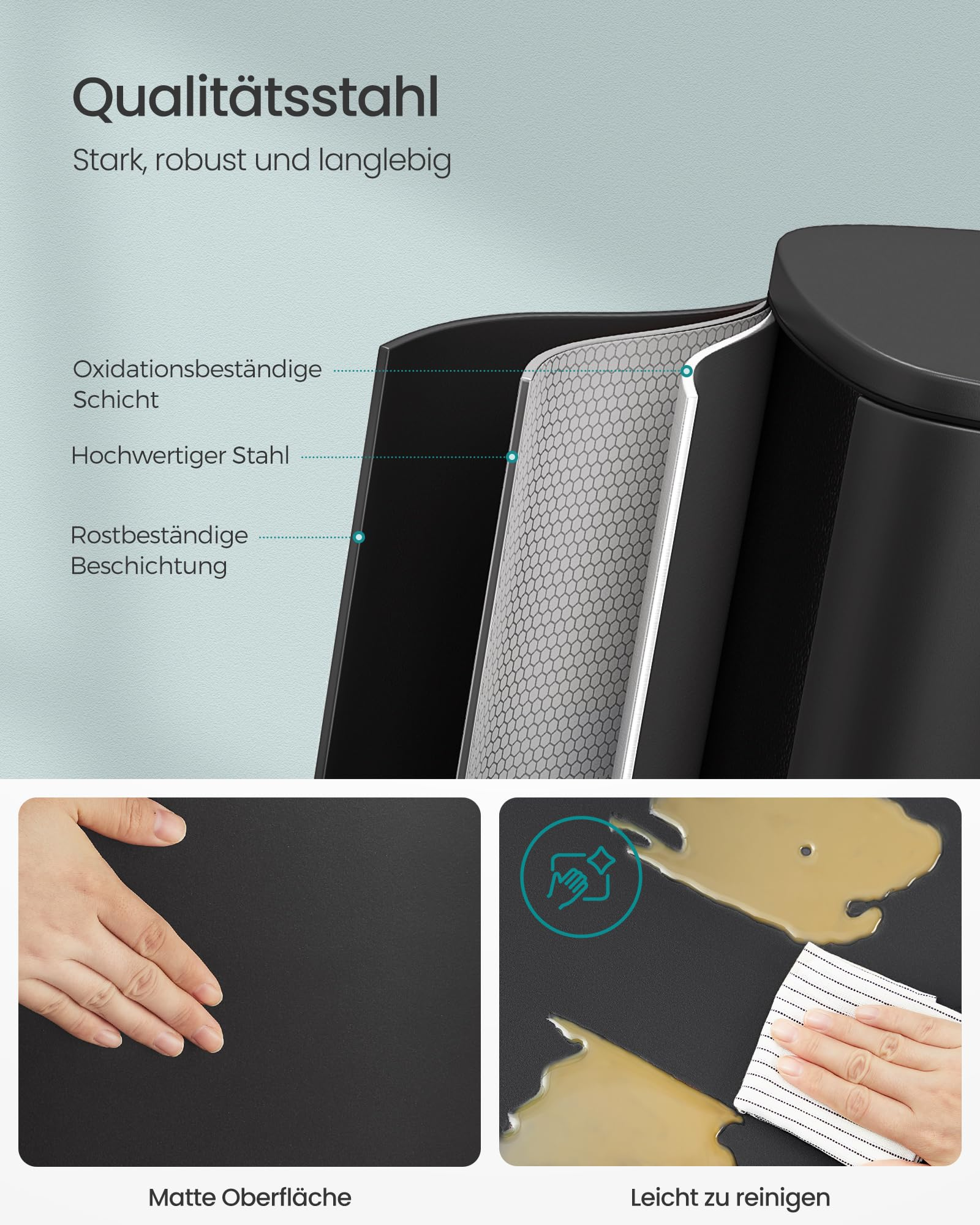 Diagramm zeigt den mehrschichtigen Aufbau aus Qualitätsstahl, dazu matte und leicht zu reinigende Oberfläche.