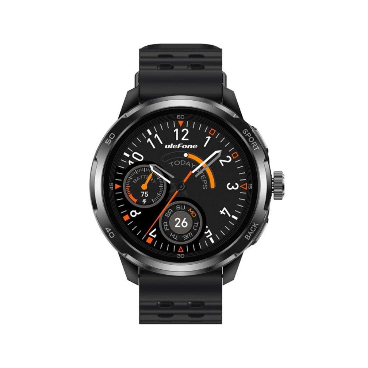 Un reloj inteligente negro con pantalla redonda, detalles naranjas y una correa de goma texturizada sobre fondo blanco.