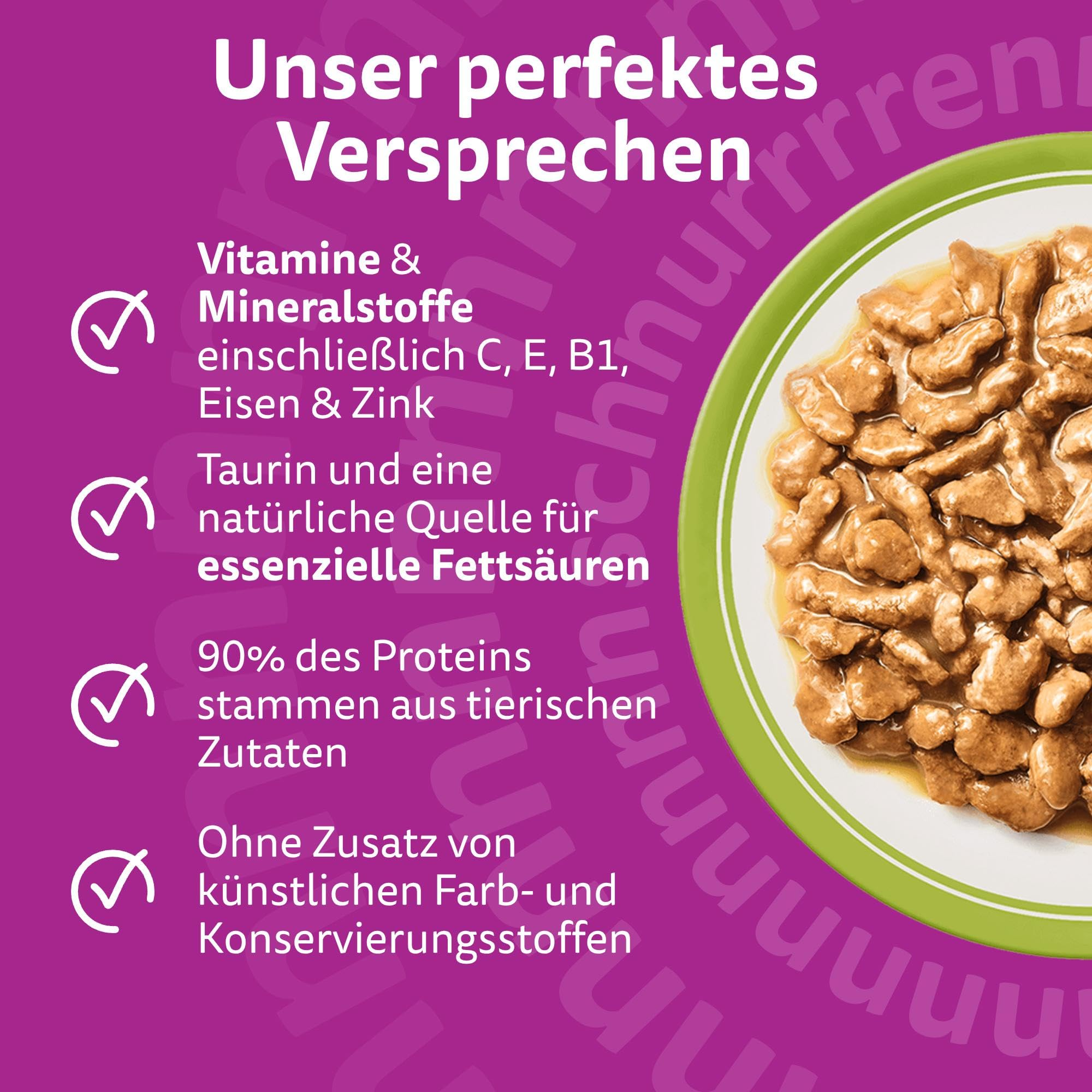 Katzenfutter in Soße auf einem grünen Teller neben Produktversprechen auf violettem Hintergrund.