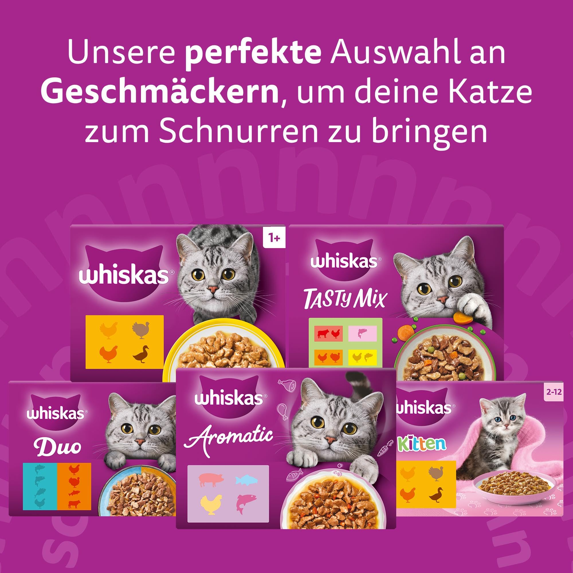 Verschiedene Whiskas-Katzenfutterpackungen mit süßen Katzen und Futterschalen auf violettem Hintergrund.