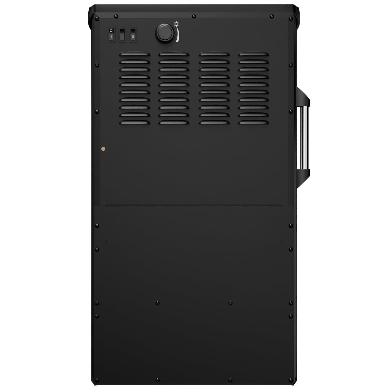 Dispositivo nero con fessure di ventilazione, interruttori, manopola e maniglia.