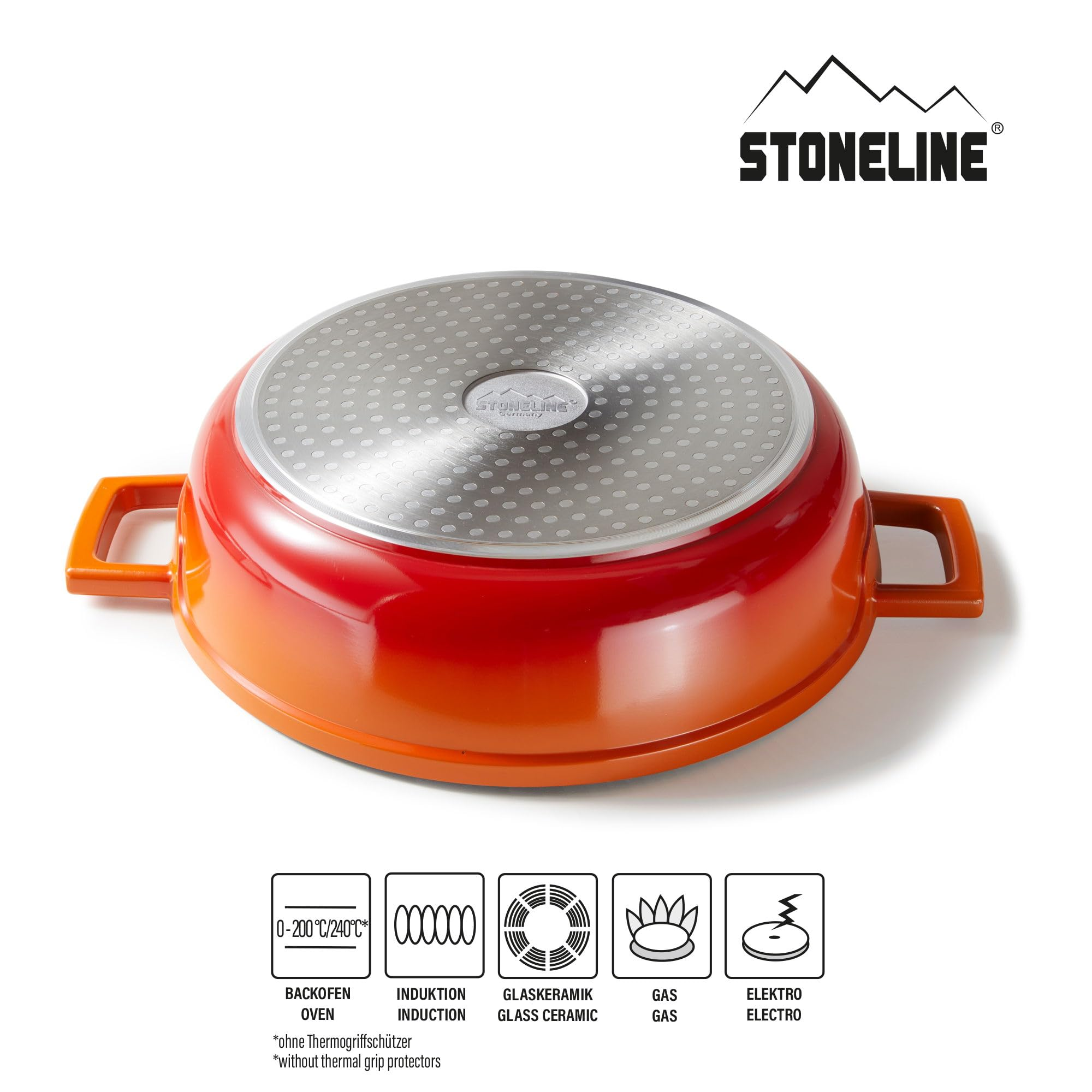Casseruola rossa Stoneline con fondo a induzione e manici su sfondo bianco con icone.