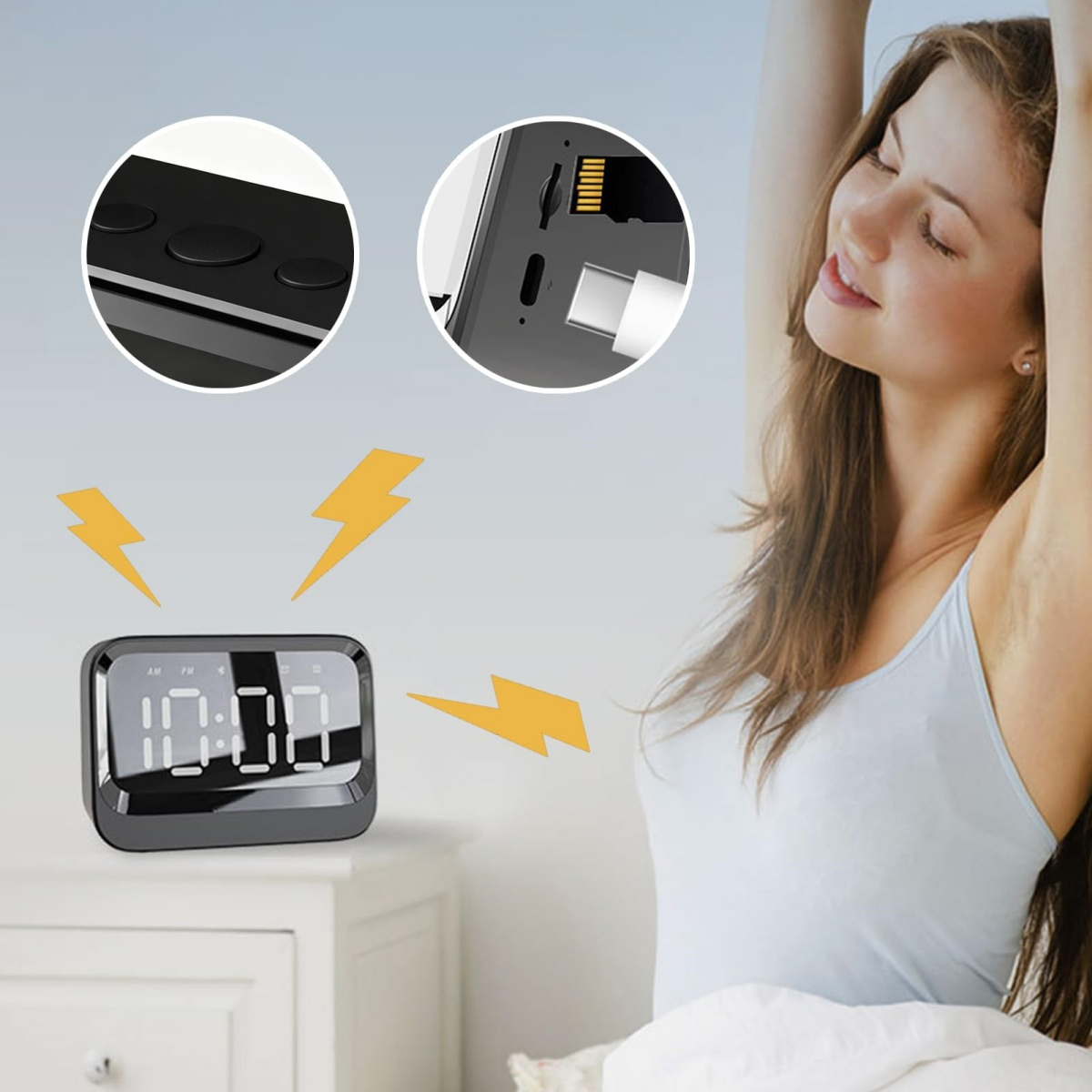 Eine Frau streckt sich morgens im Bett, während ein digitaler Wecker auf dem Nachttisch steht und Blitze angezeigt werden.
