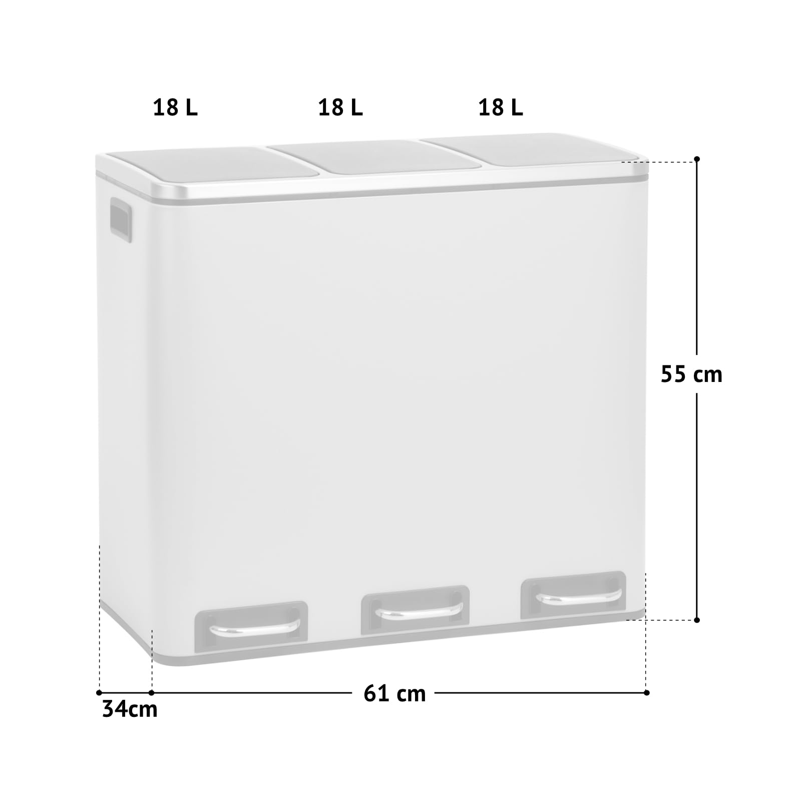 Weißer Mülleimer mit drei 18L-Fächern und Maßen von 61x34x55 cm.