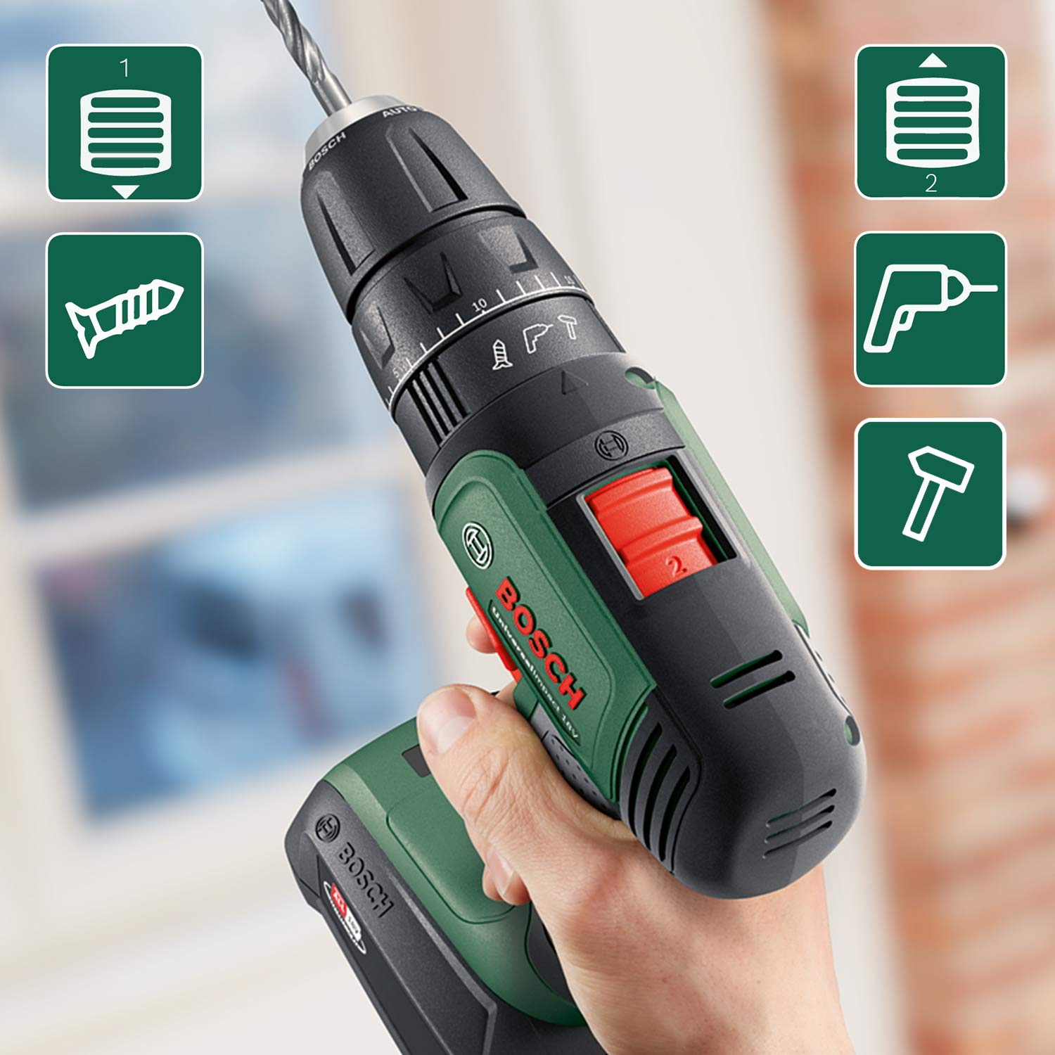 Una mano tiene un trapano a batteria Bosch verde e nero, circondato da icone.
