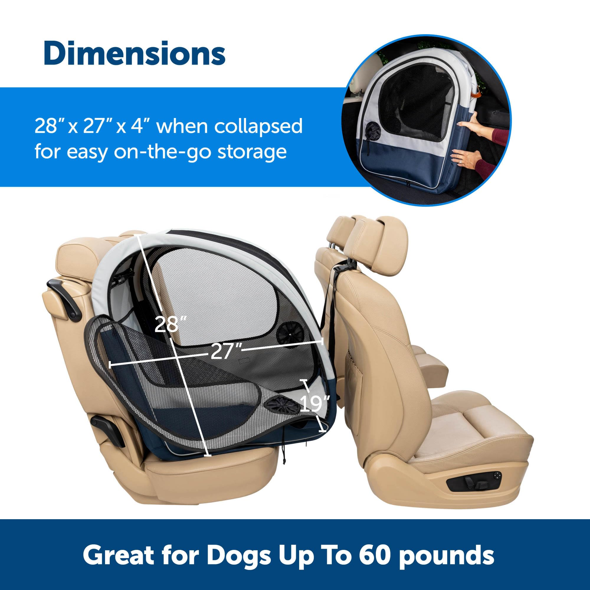 Trasportino per cani pieghevole installato su sedile auto con dimensioni e vista.