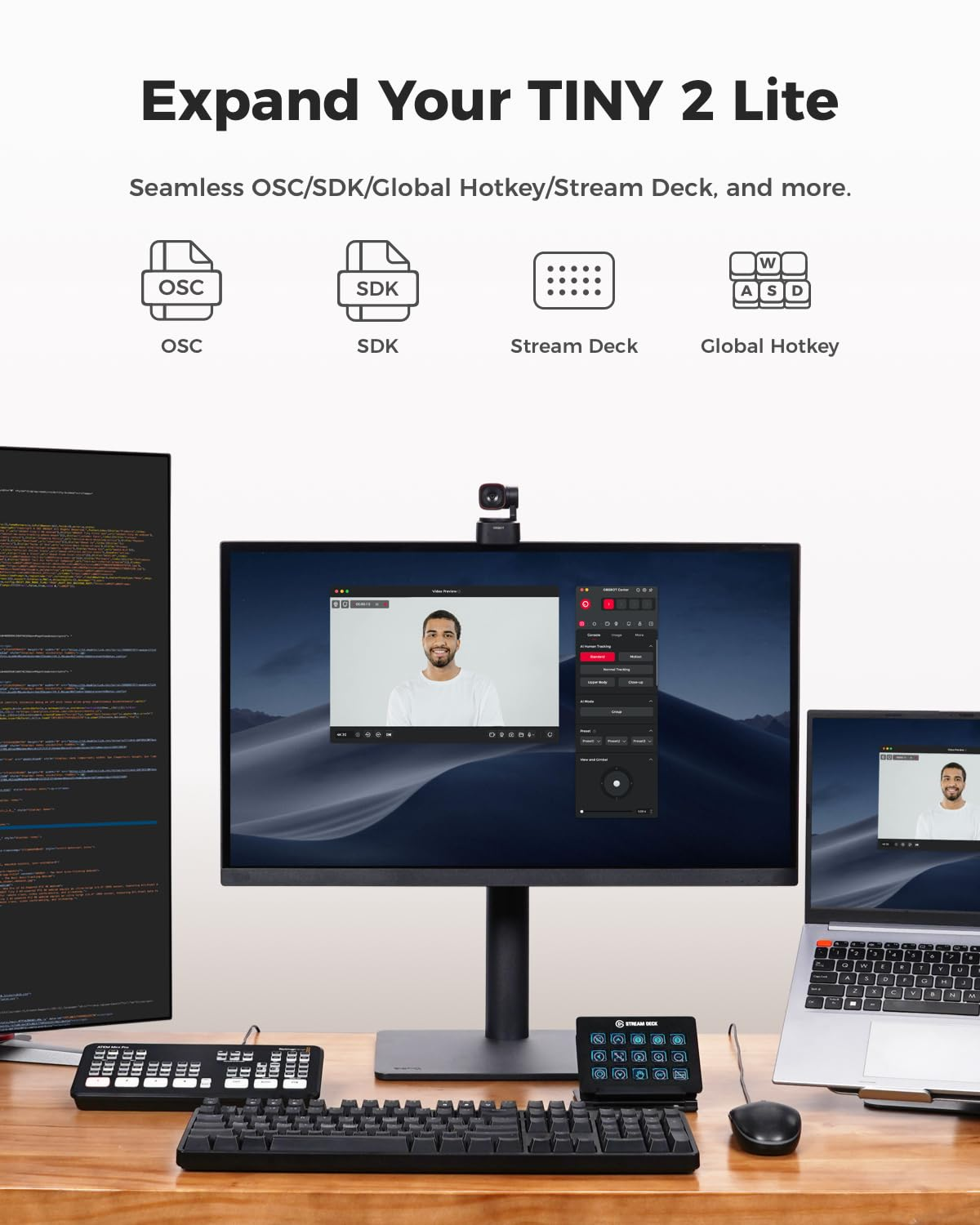 Una scrivania con telecamera, monitor, tastiera, mouse e Stream Deck, con icone.